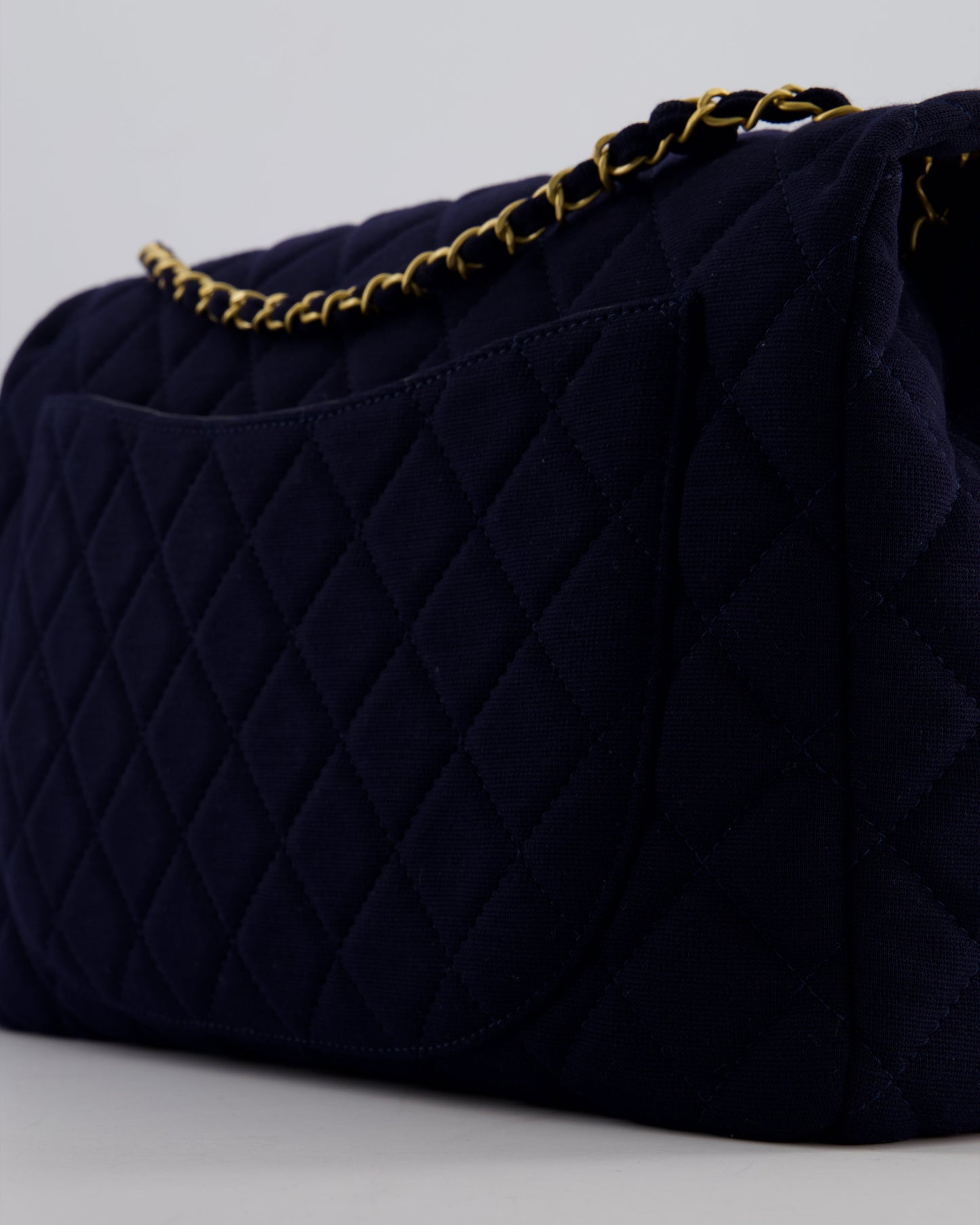 *HOT* Chanel Navy XXL Single Flap Bag in Quilted Jersey with Gold Hardware