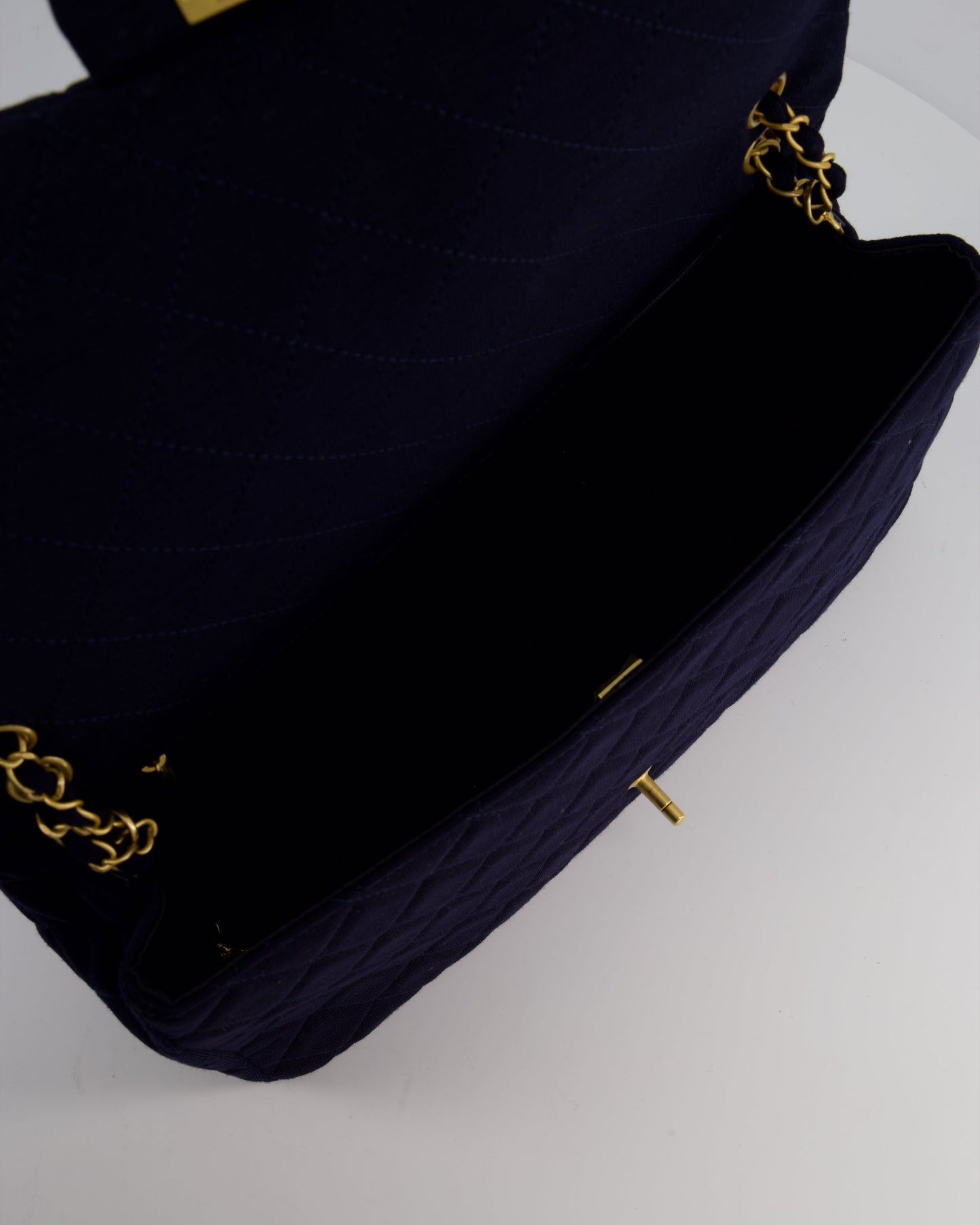 *HOT* Chanel Navy XXL Single Flap Bag in Quilted Jersey with Gold Hardware