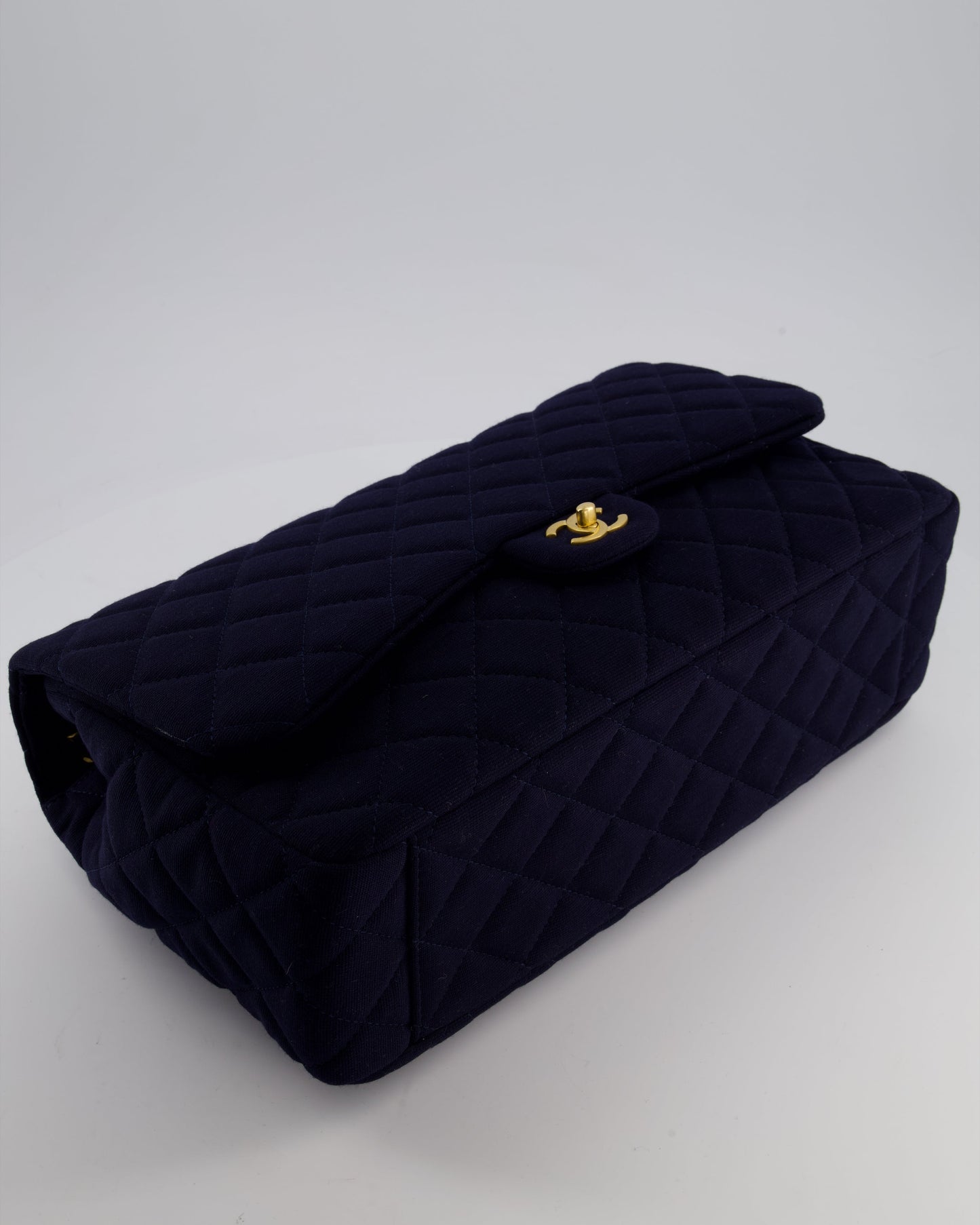 *HOT* Chanel Navy XXL Single Flap Bag in Quilted Jersey with Gold Hardware
