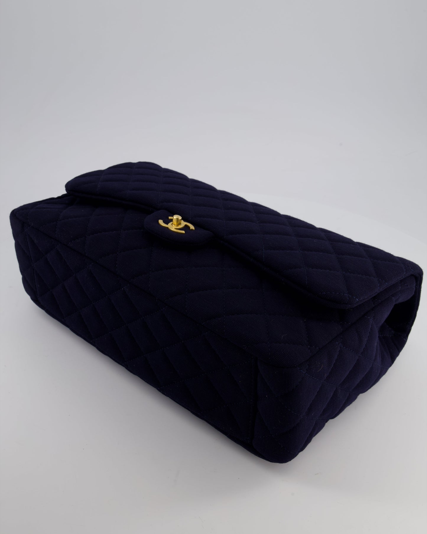 *HOT* Chanel Navy XXL Single Flap Bag in Quilted Jersey with Gold Hardware