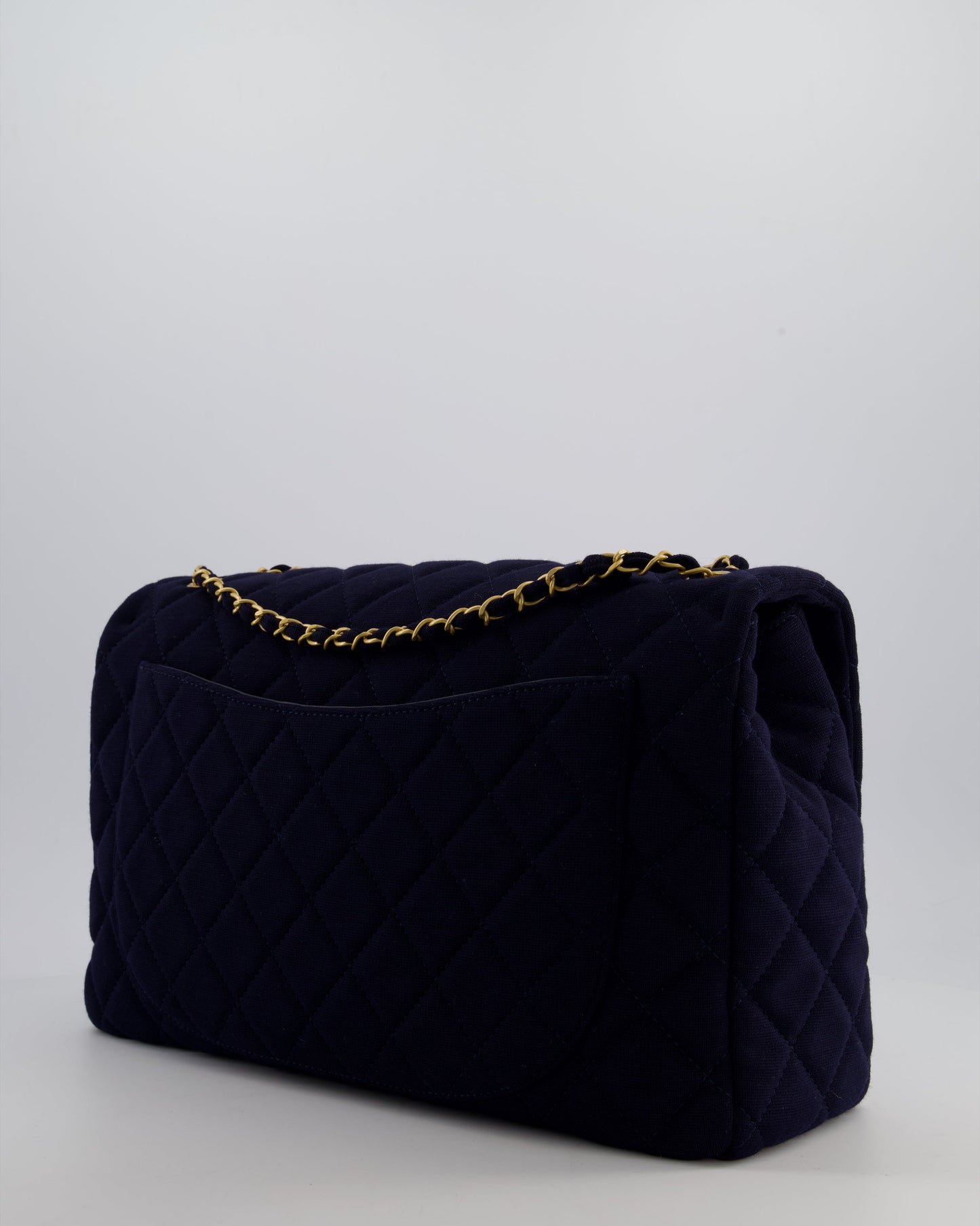 *HOT* Chanel Navy XXL Single Flap Bag in Quilted Jersey with Gold Hardware