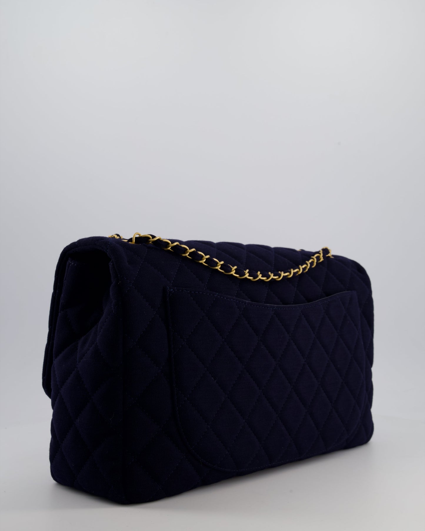 *HOT* Chanel Navy XXL Single Flap Bag in Quilted Jersey with Gold Hardware