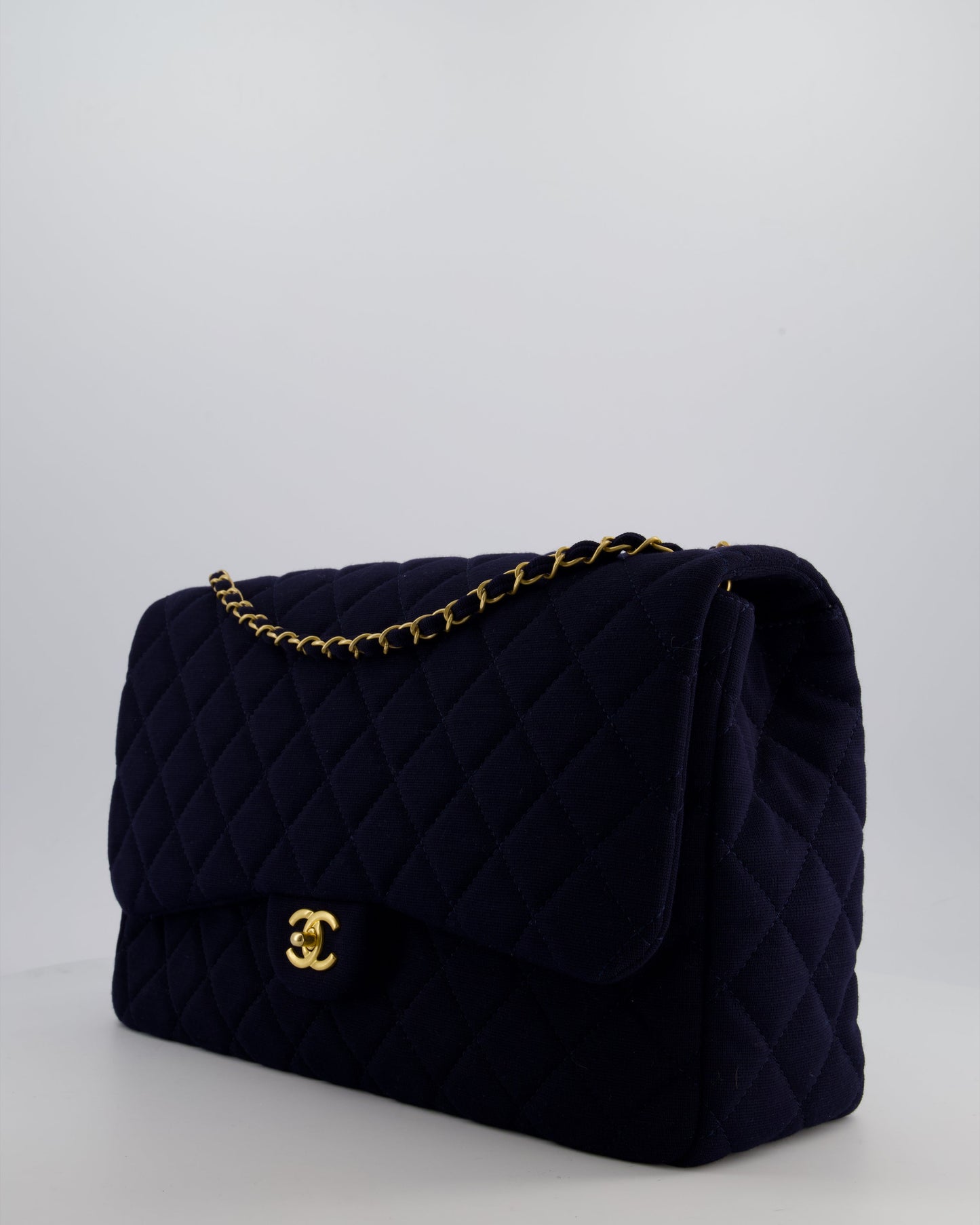 *HOT* Chanel Navy XXL Single Flap Bag in Quilted Jersey with Gold Hardware