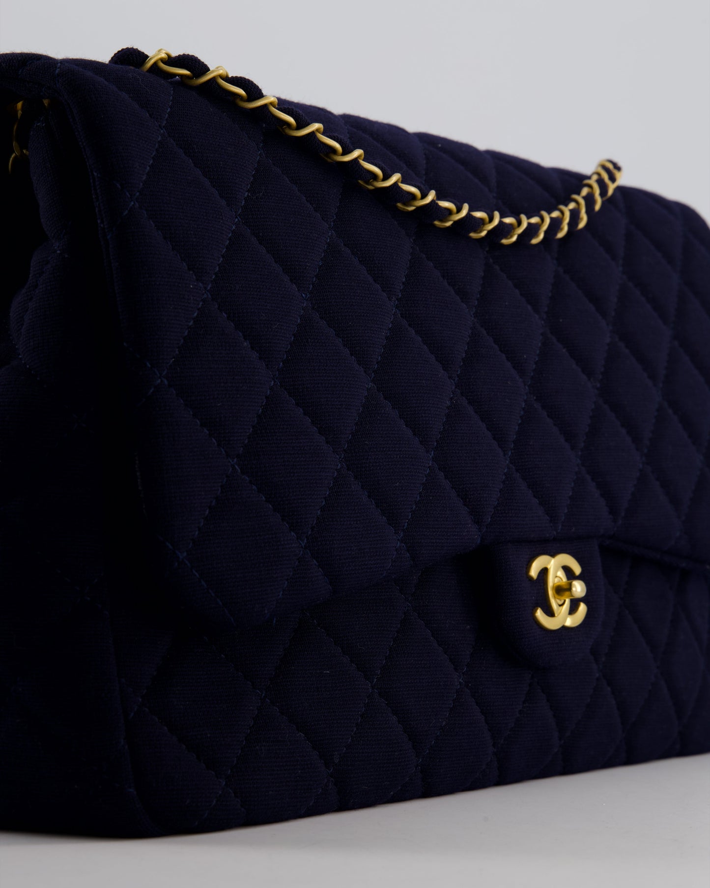 *HOT* Chanel Navy XXL Single Flap Bag in Quilted Jersey with Gold Hardware