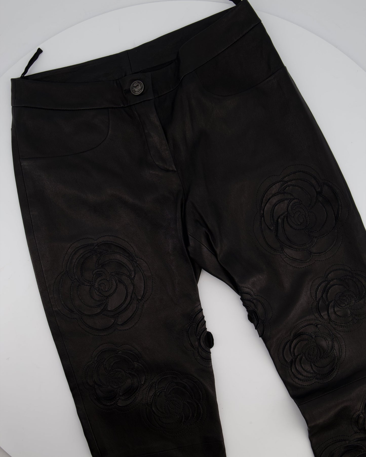 Chanel FW/2010 Black Leather Camellia Leather Pants Size FR 36 (UK 8) RRP: £4,170