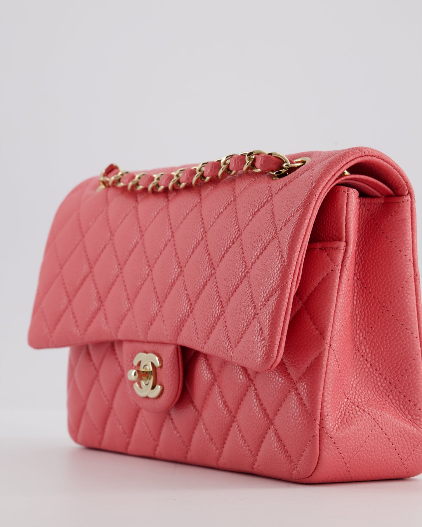 *HOT* Chanel Coral Pink Classic Medium Double Flap Bag in Caviar Leather with Champagne Gold Hardware
