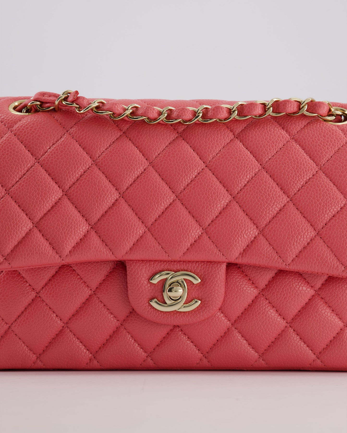 *HOT* Chanel Coral Pink Classic Medium Double Flap Bag in Caviar Leather with Champagne Gold Hardware