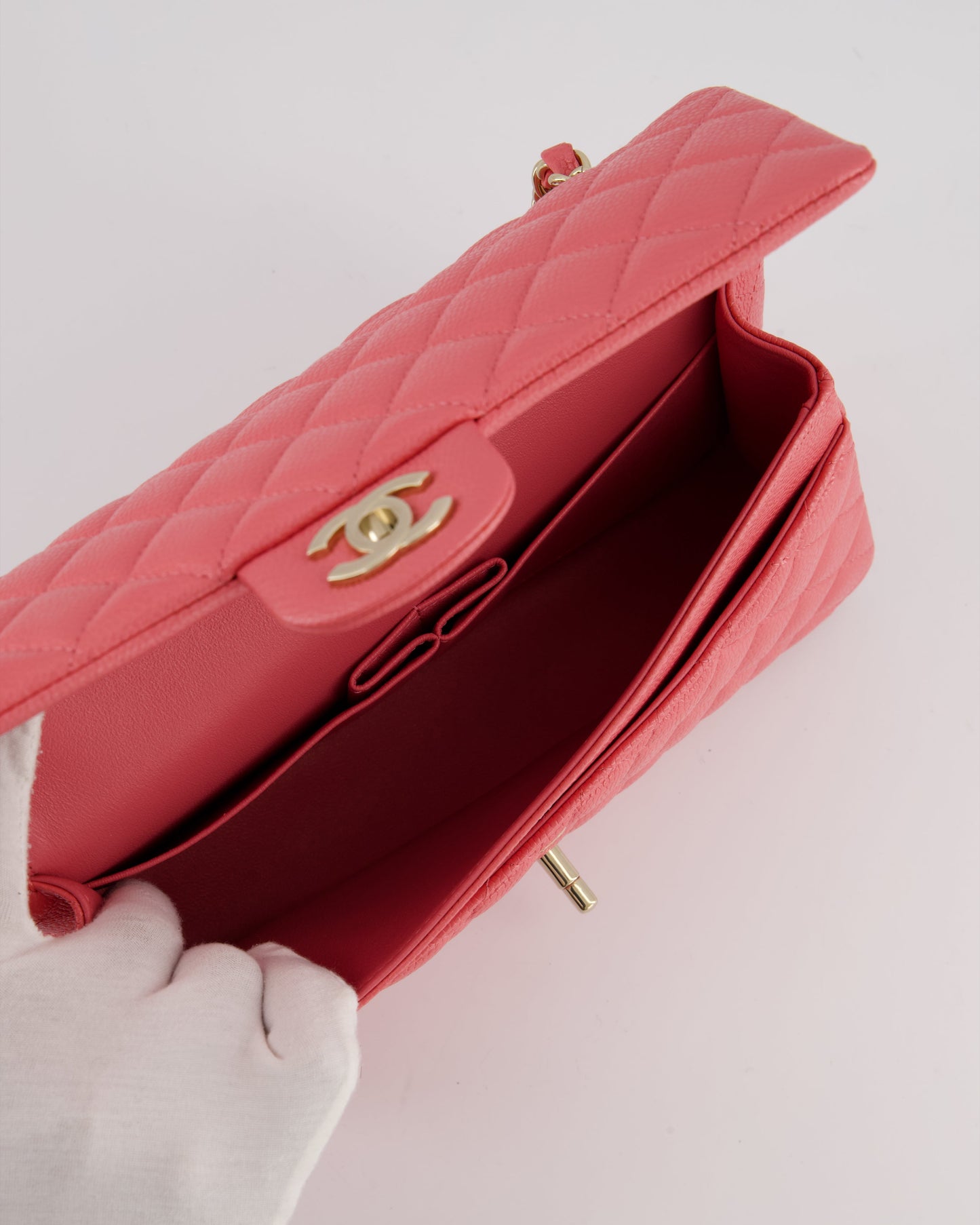 *HOT* Chanel Coral Pink Classic Medium Double Flap Bag in Caviar Leather with Champagne Gold Hardware