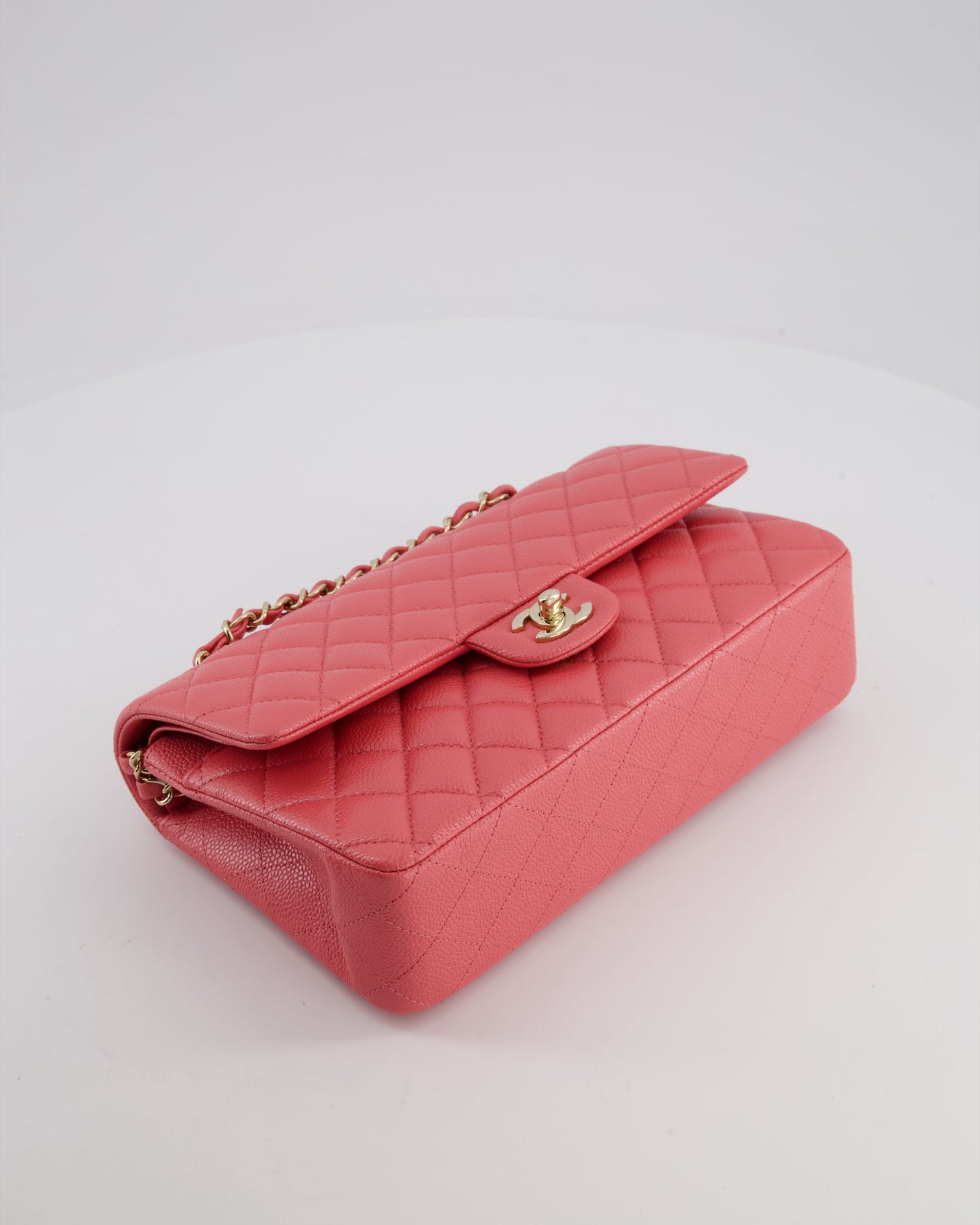 *HOT* Chanel Coral Pink Classic Medium Double Flap Bag in Caviar Leather with Champagne Gold Hardware