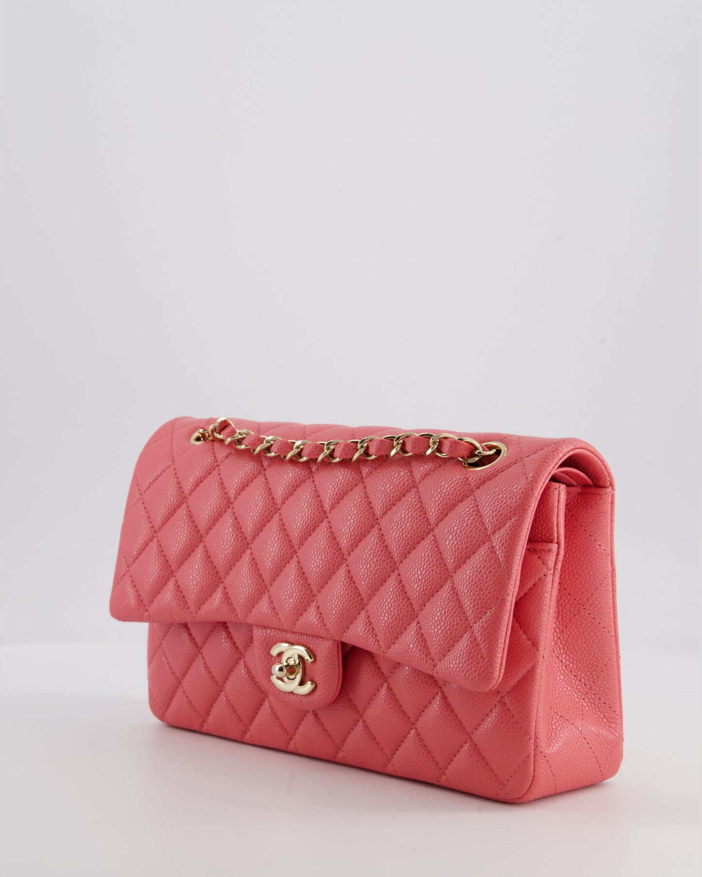 *HOT* Chanel Coral Pink Classic Medium Double Flap Bag in Caviar Leather with Champagne Gold Hardware