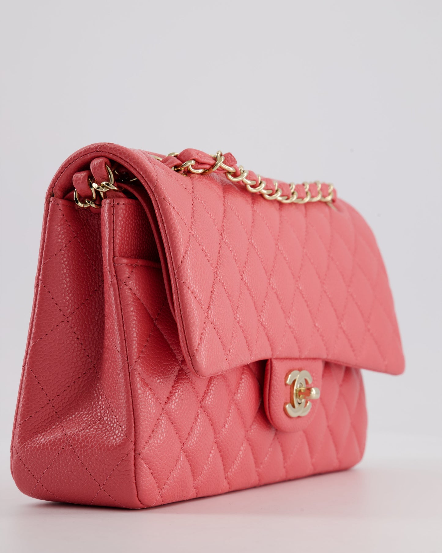 *HOT* Chanel Coral Pink Classic Medium Double Flap Bag in Caviar Leather with Champagne Gold Hardware