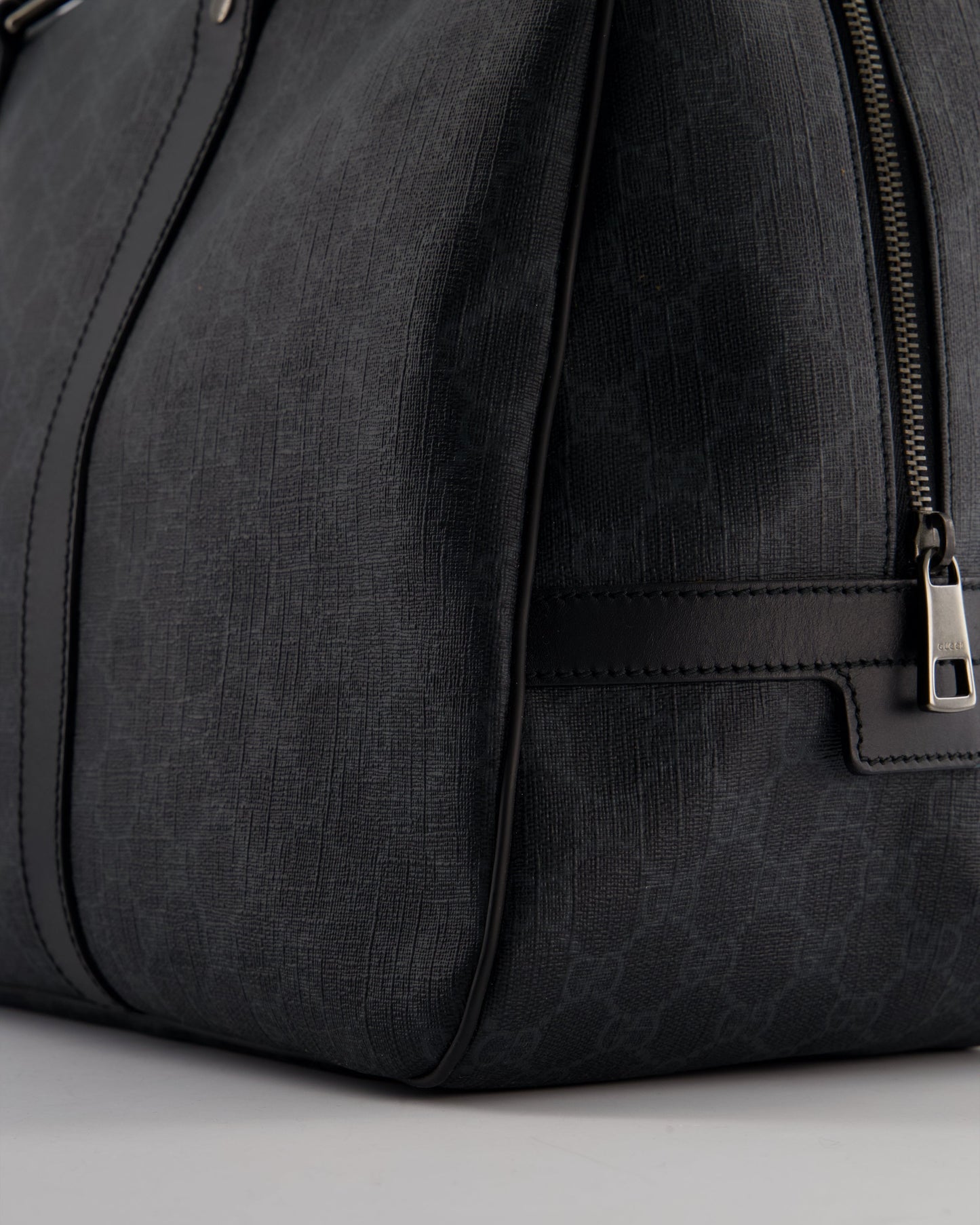 Gucci Black GG Carry On Duffle Bag in Supreme Coated Canvas with Leather Handles Detail
