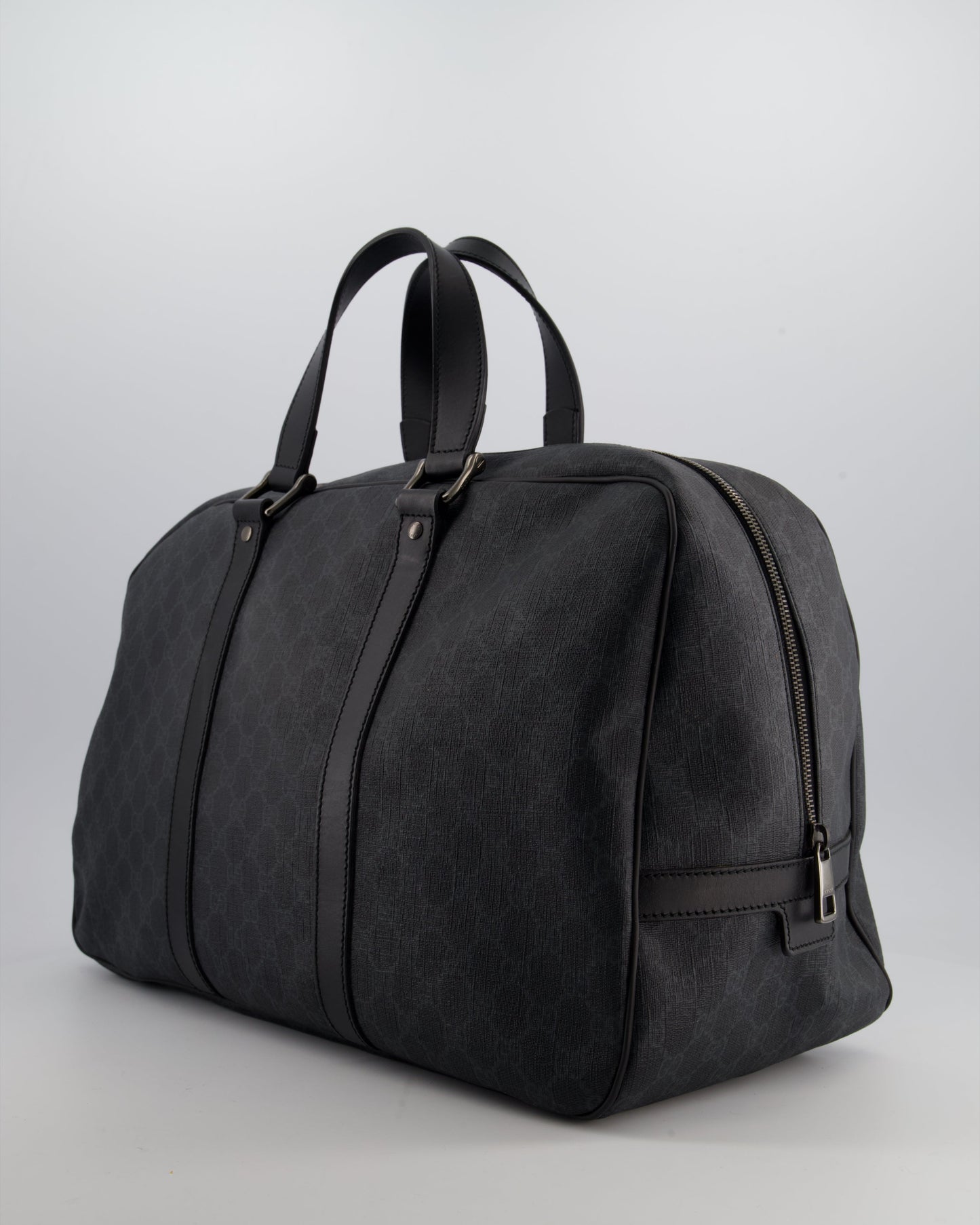 Gucci Black GG Carry On Duffle Bag in Supreme Coated Canvas with Leather Handles Detail