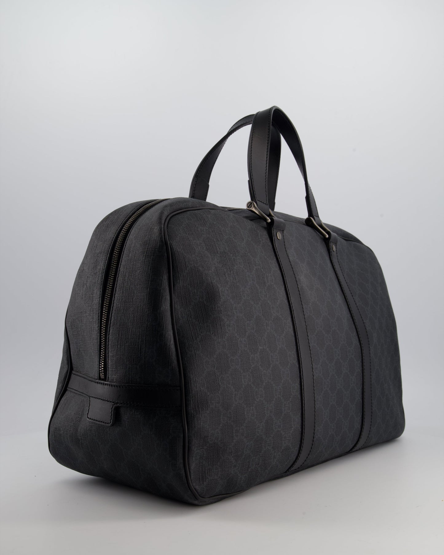 Gucci Black GG Carry On Duffle Bag in Supreme Coated Canvas with Leather Handles Detail