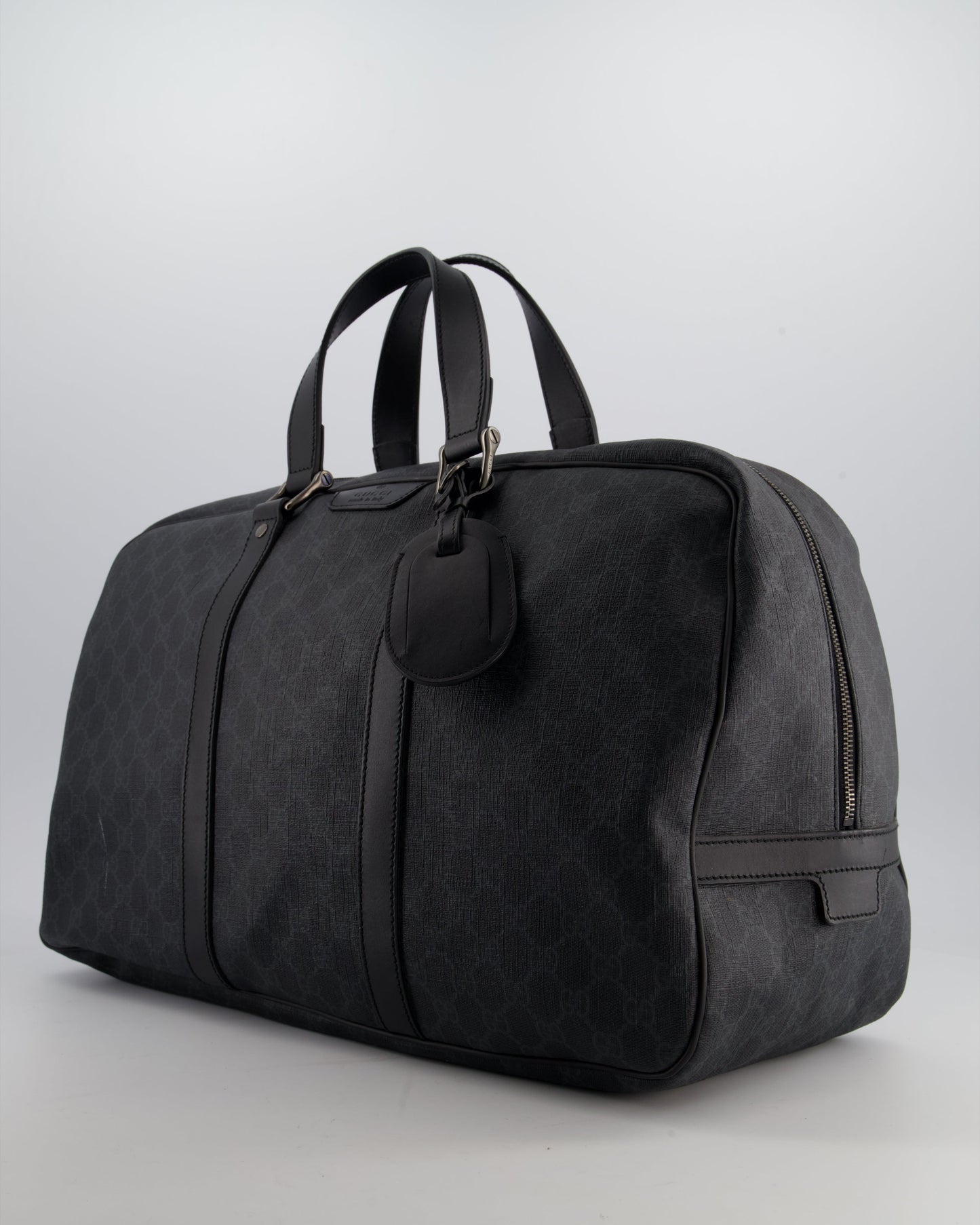 Gucci Black GG Carry On Duffle Bag in Supreme Coated Canvas with Leather Handles Detail