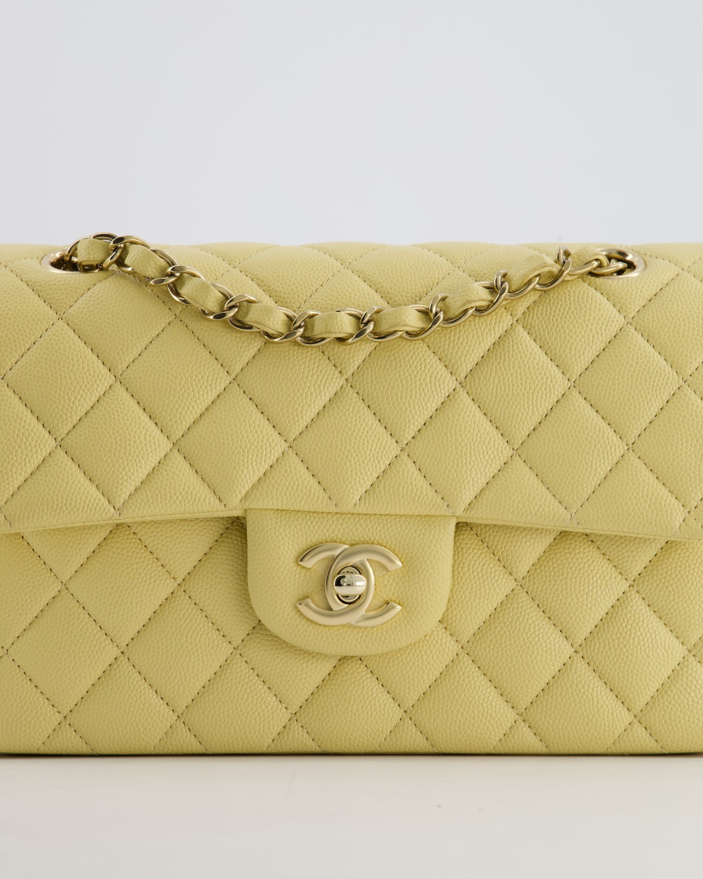 *RARE COLOUR* Chanel Small Classic Double Flap Bag in Butter Yellow Caviar Leather with Champagne Gold Hardware