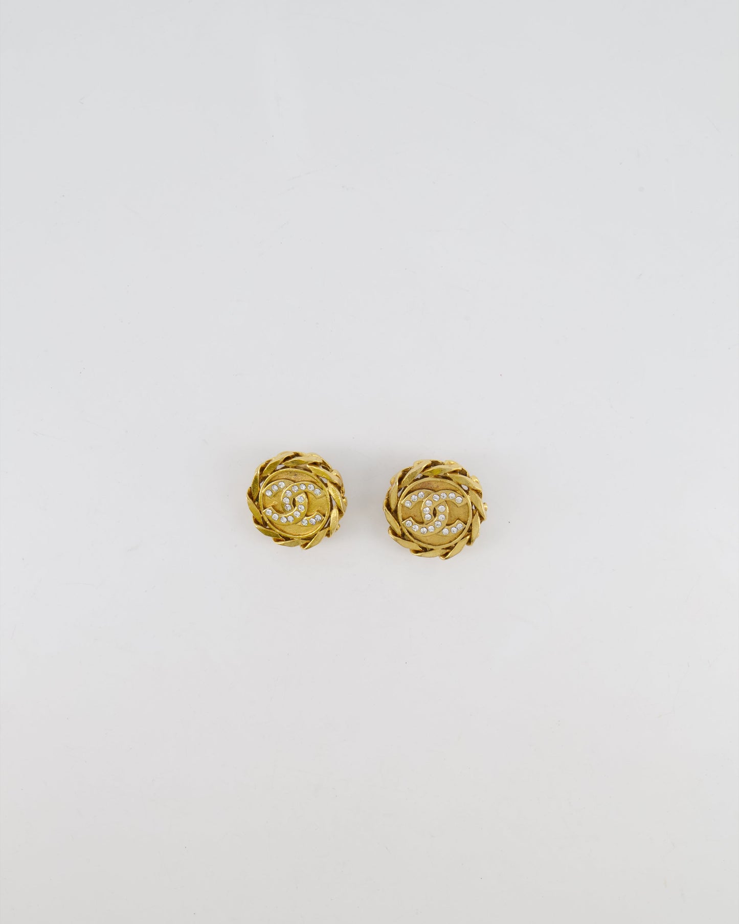 Chanel   Gold Round Chain Link Clip On Earrings with Crystal Embellished CC Logo