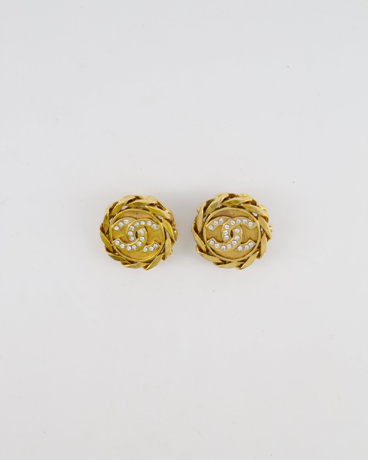 Chanel   Gold Round Chain Link Clip On Earrings with Crystal Embellished CC Logo
