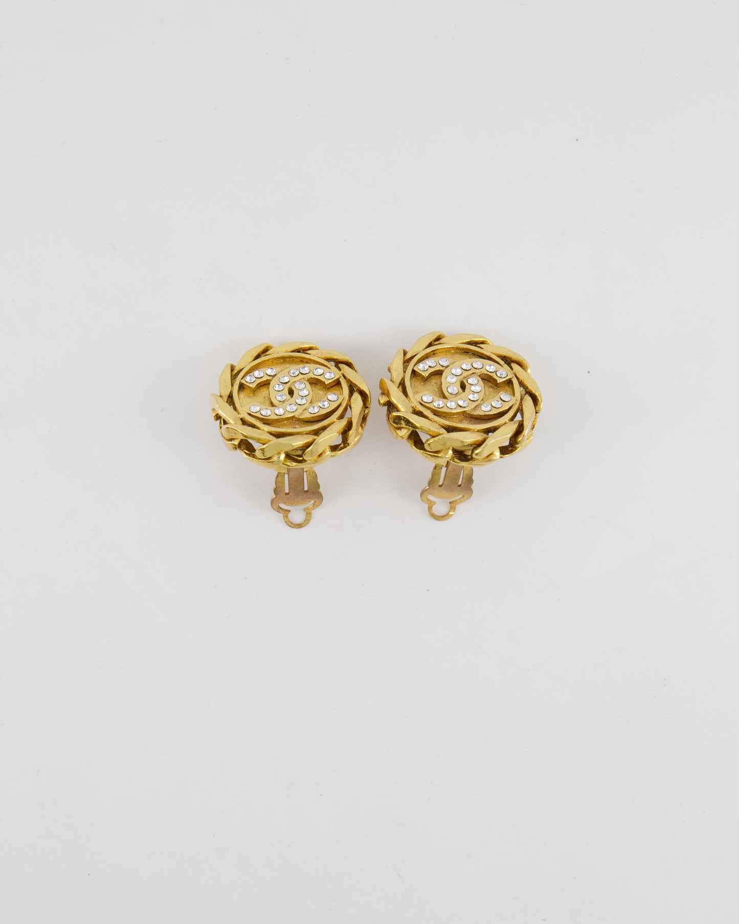 Chanel   Gold Round Chain Link Clip On Earrings with Crystal Embellished CC Logo