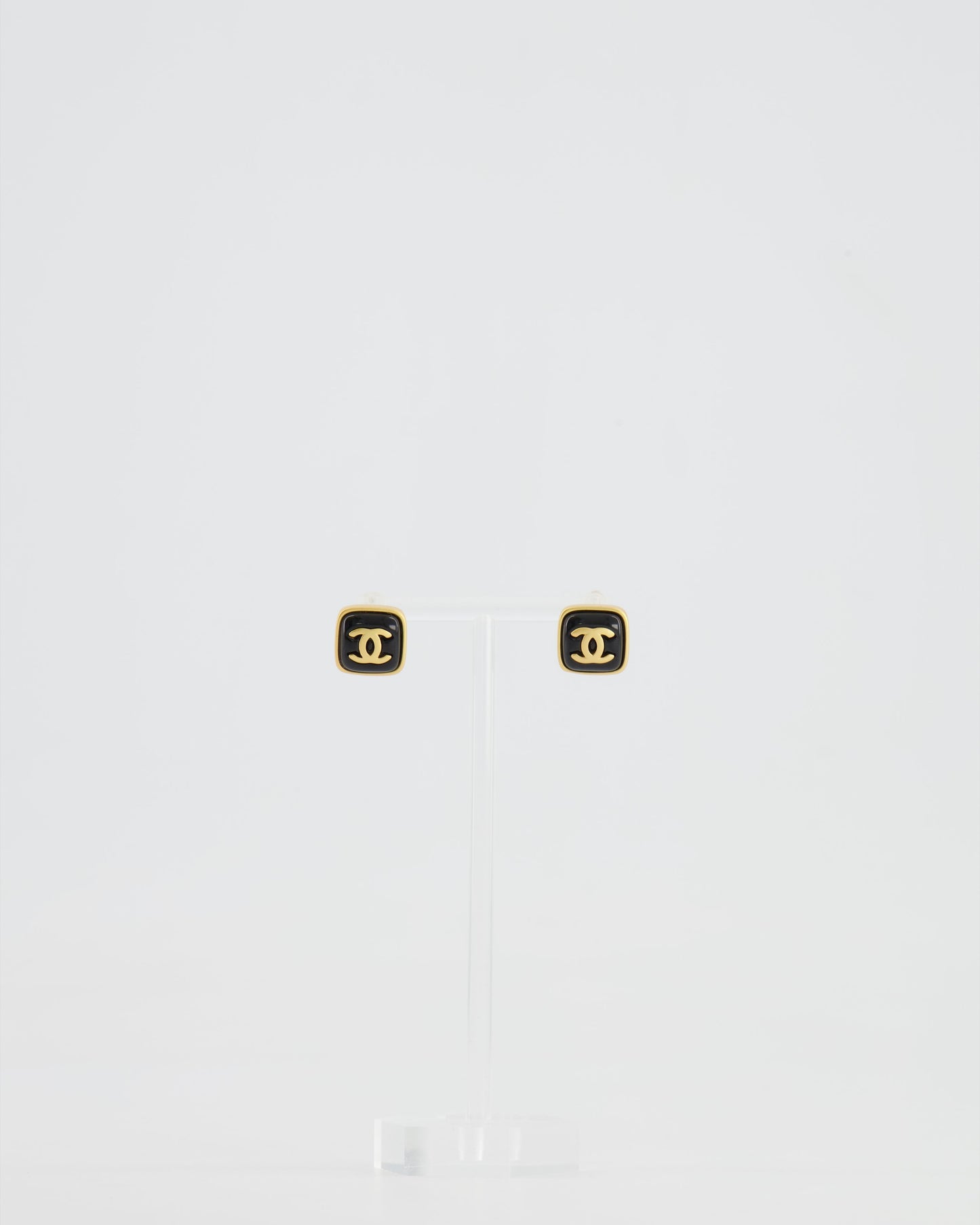Chanel 25A Brushed Gold and Black CC Logo Small Square Earrings