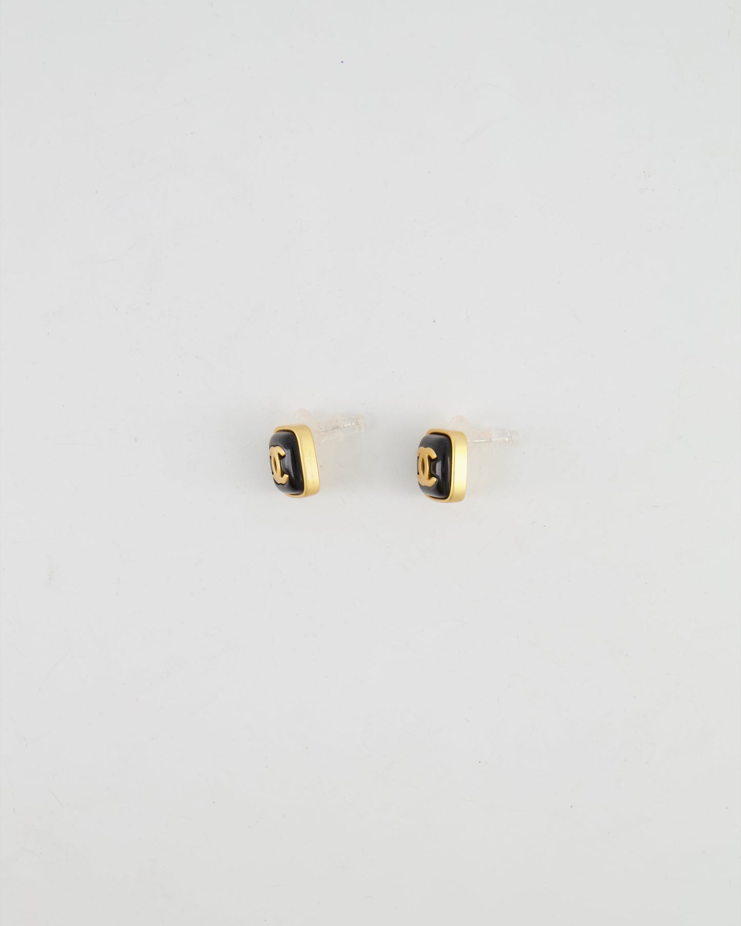 Chanel 25A Brushed Gold and Black CC Logo Small Square Earrings