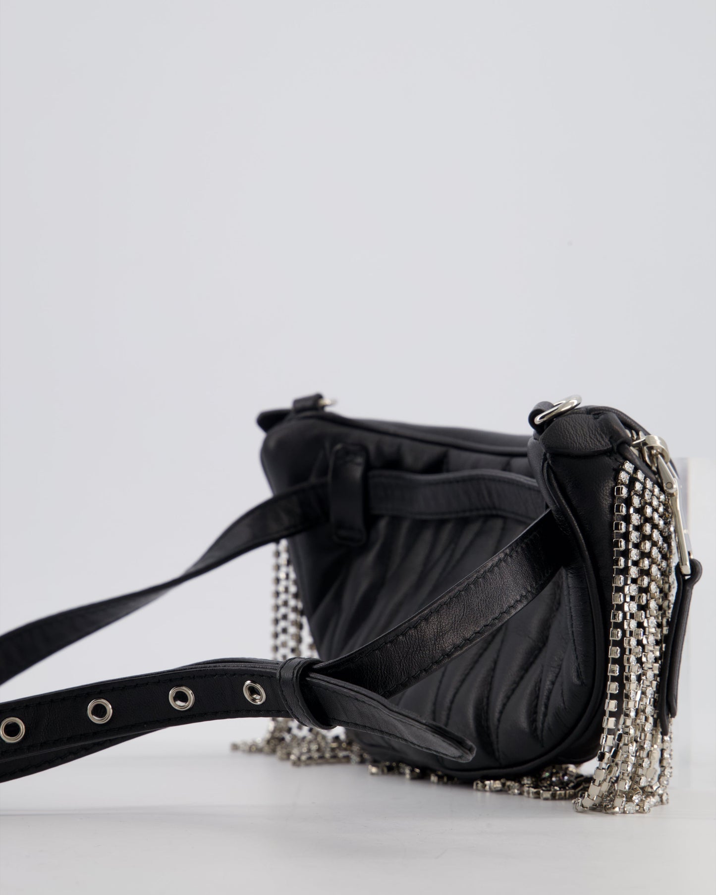 Miu Miu Black Leather Bum Bag with Crystal Tassels and Logo Details