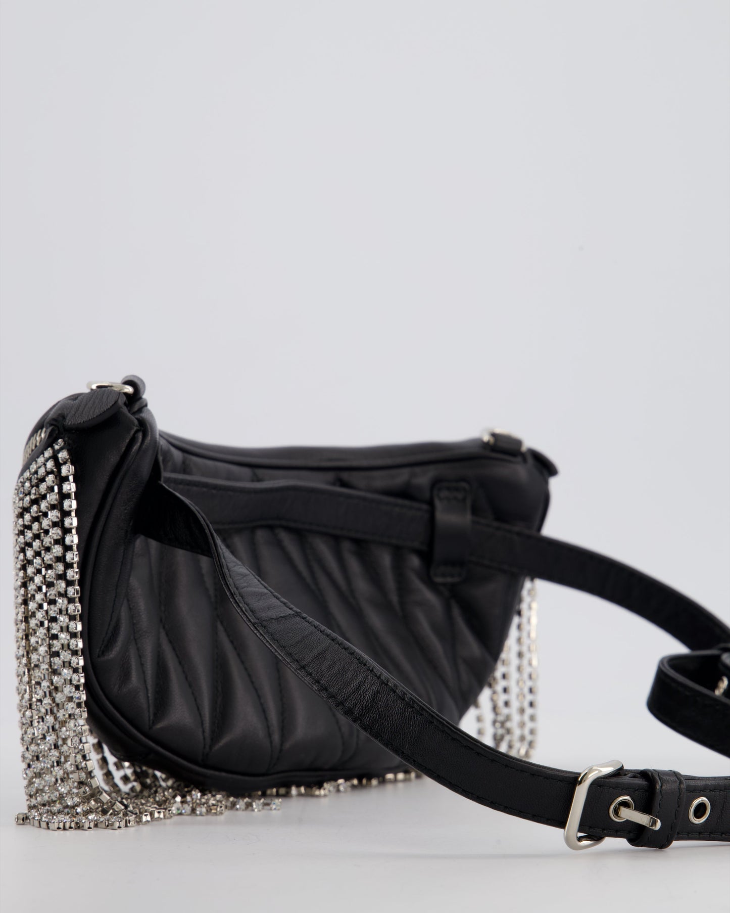 Miu Miu Black Leather Bum Bag with Crystal Tassels and Logo Details
