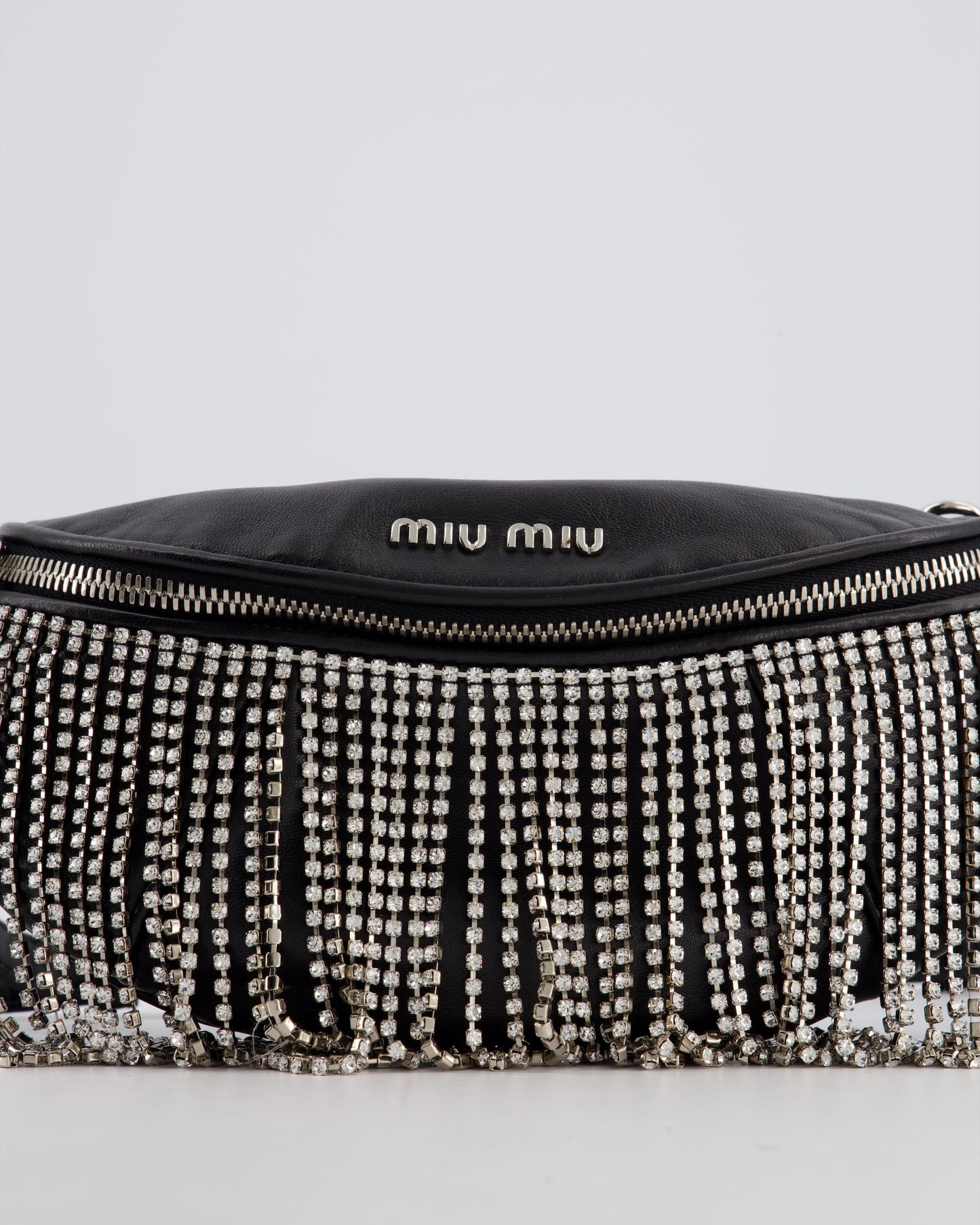 Miu Miu Black Leather Bum Bag with Crystal Tassels and Logo Details