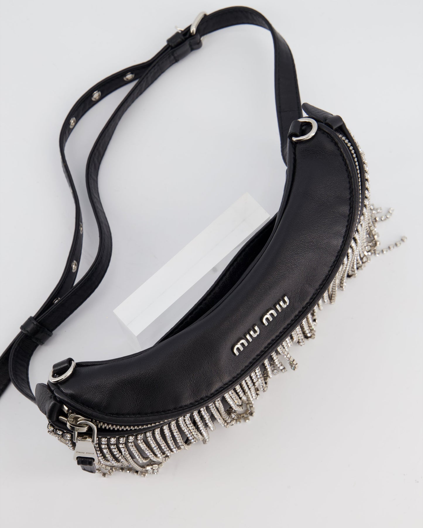 Miu Miu Black Leather Bum Bag with Crystal Tassels and Logo Details
