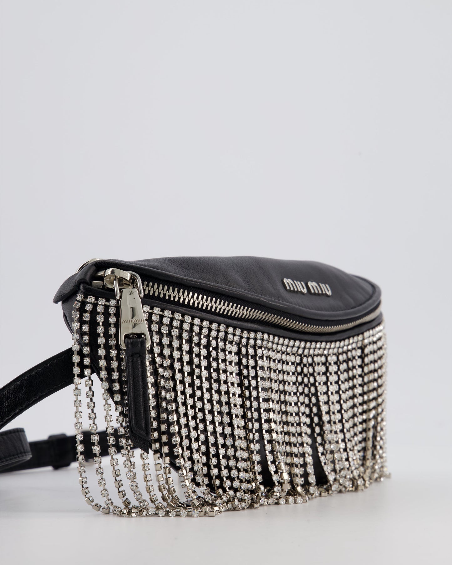 Miu Miu Black Leather Bum Bag with Crystal Tassels and Logo Details