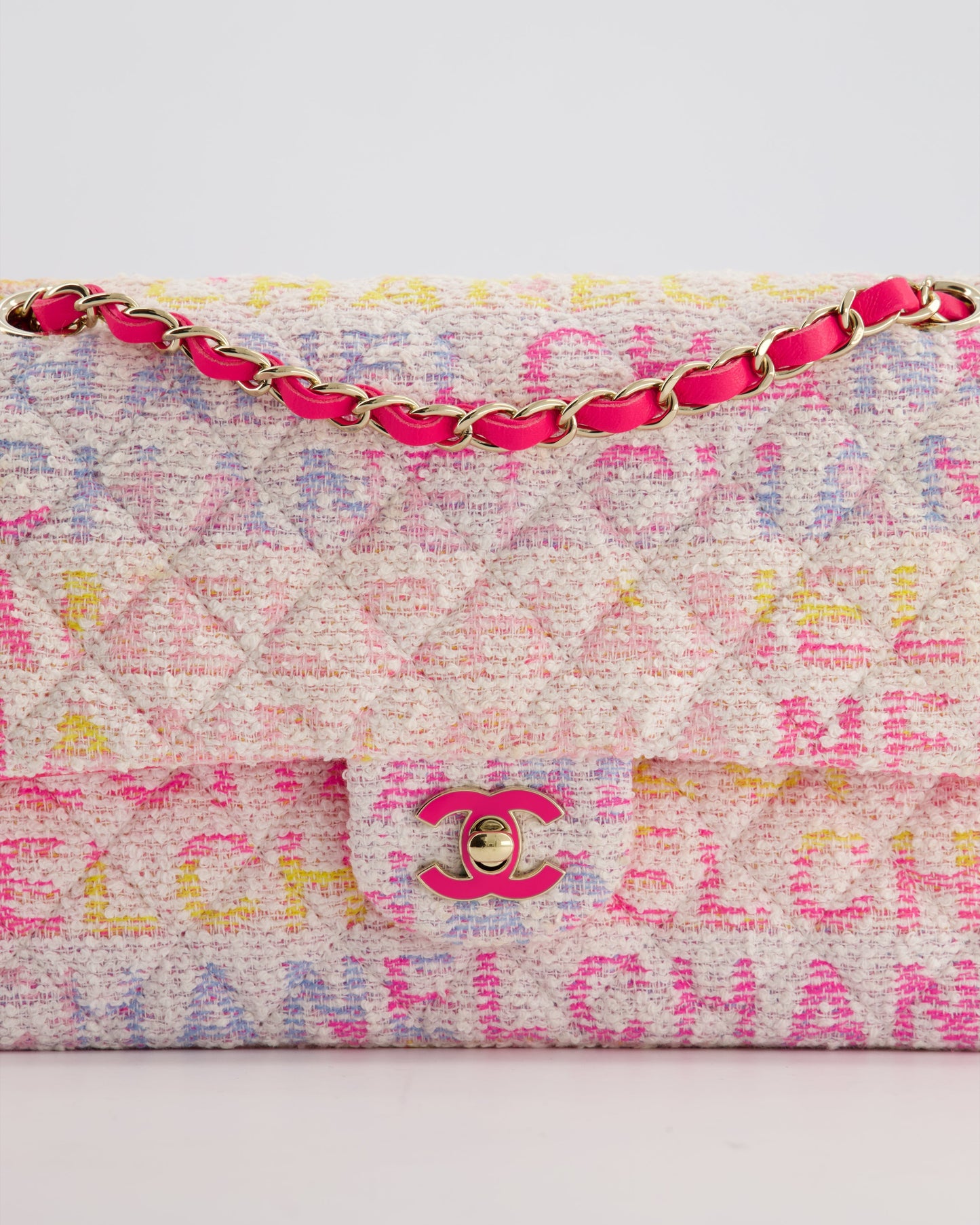 Chanel 2024 White & Pastel Multicolour Tweed Medium Classic Double Flap Bag with Pink, Gold Hardware