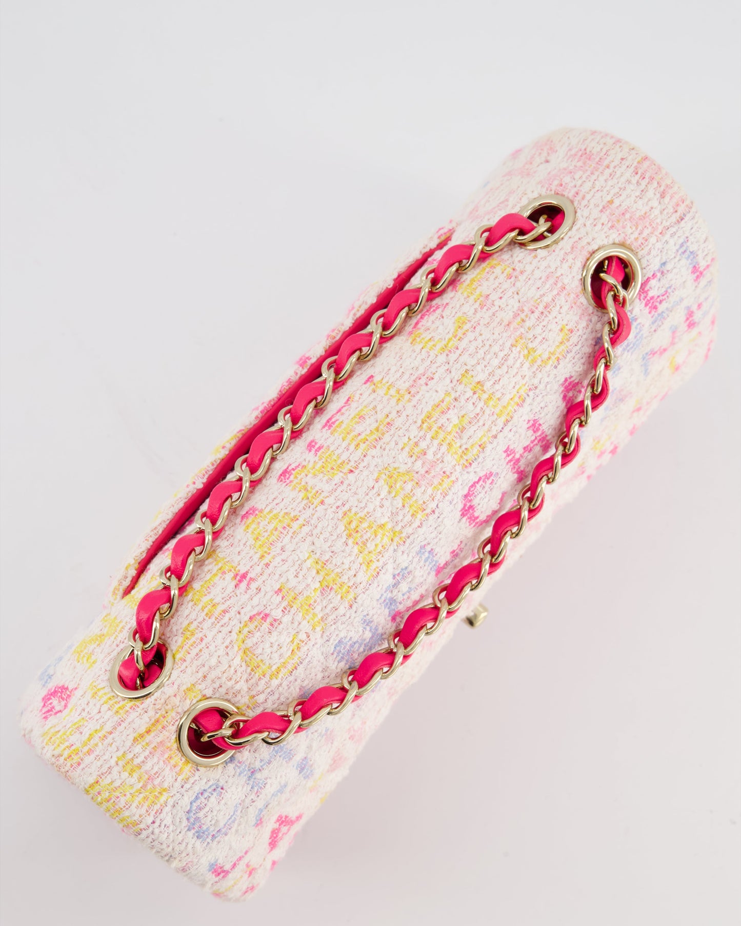 Chanel 2024 White & Pastel Multicolour Tweed Medium Classic Double Flap Bag with Pink, Gold Hardware