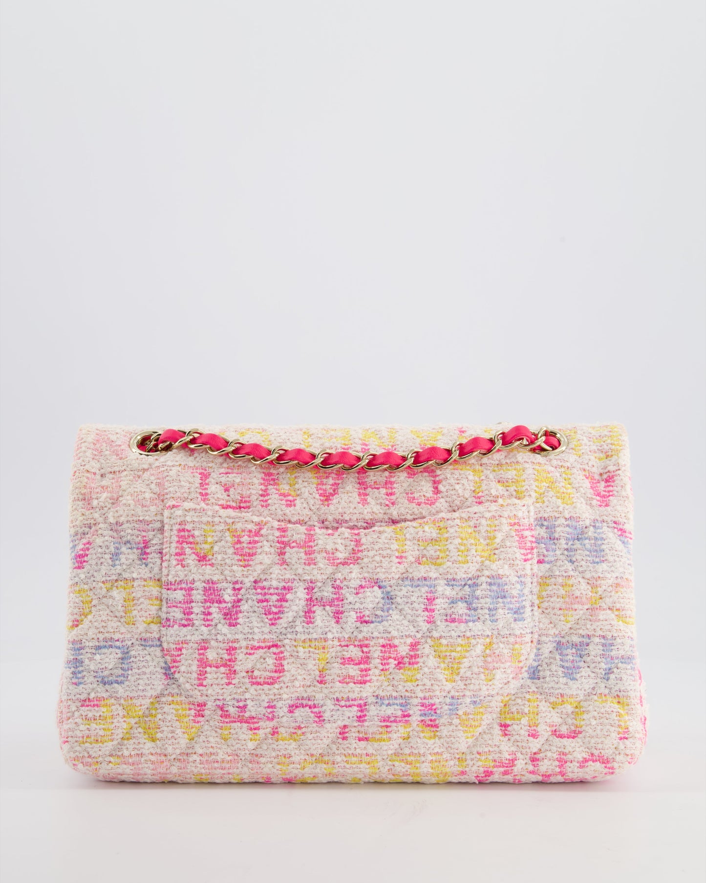 Chanel 2024 White & Pastel Multicolour Tweed Medium Classic Double Flap Bag with Pink, Gold Hardware