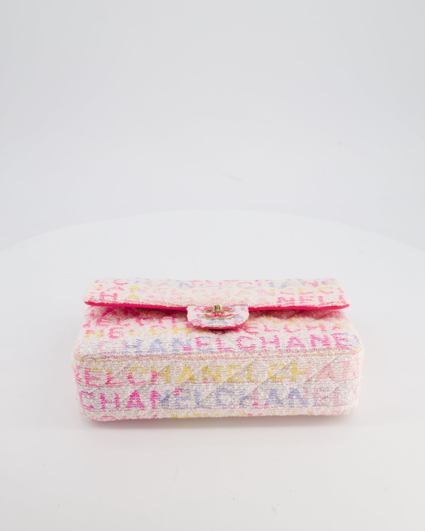Chanel 2024 White & Pastel Multicolour Tweed Medium Classic Double Flap Bag with Pink, Gold Hardware