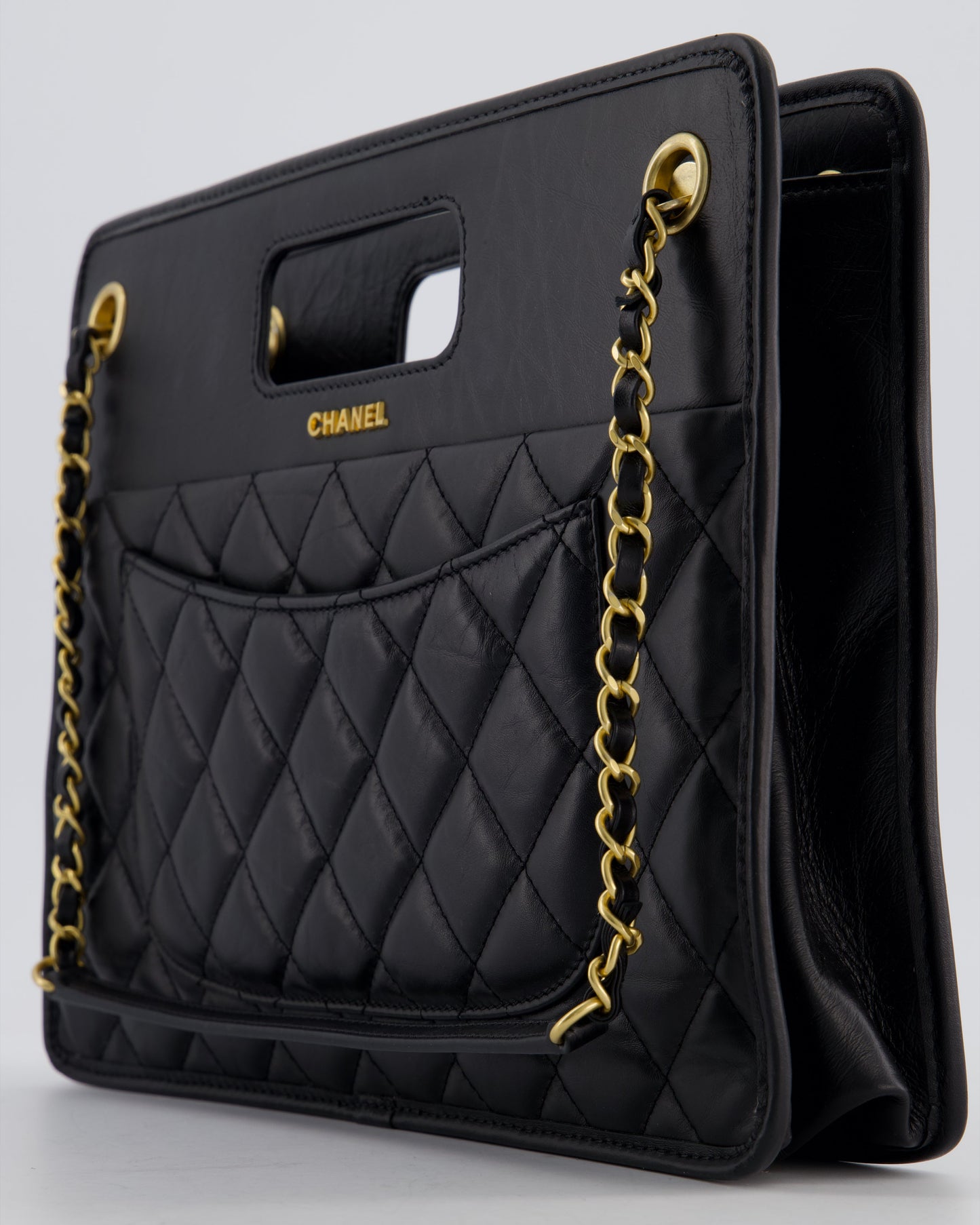Chanel Black Aged Calfskin Quilted Small Graphic Catch Shopping Bag with Gold Hardware