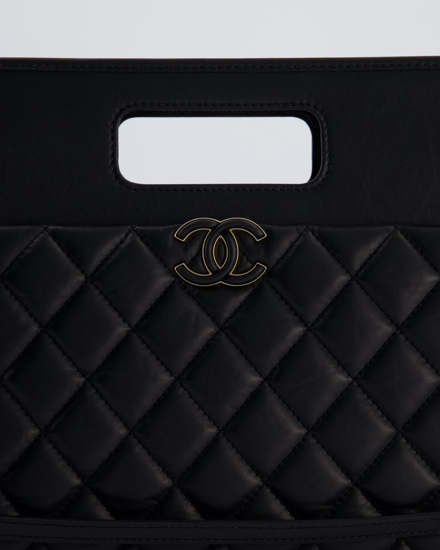 Chanel Black Aged Calfskin Quilted Small Graphic Catch Shopping Bag with Gold Hardware