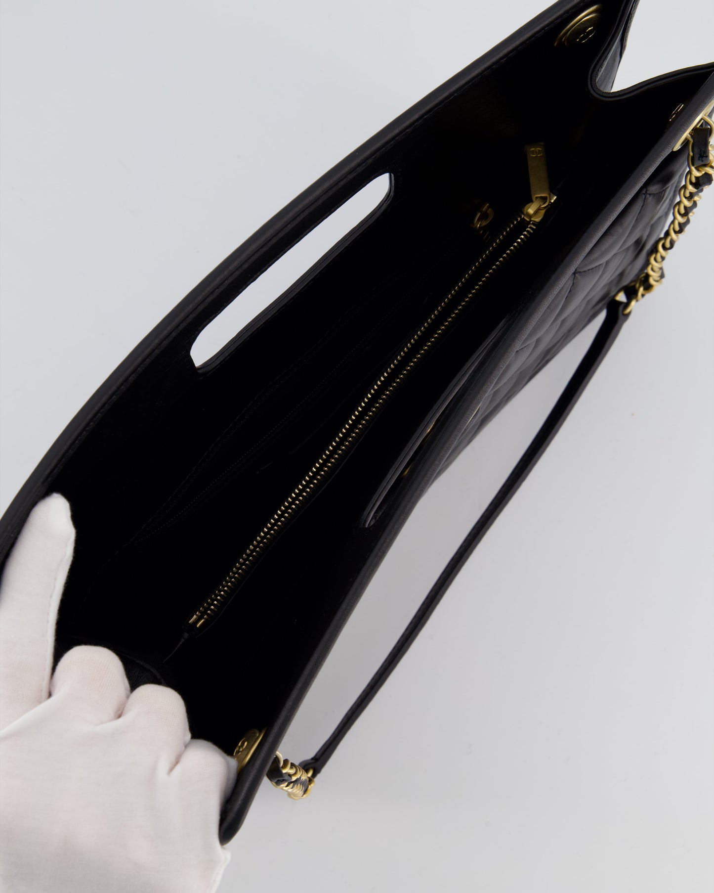 Chanel Black Aged Calfskin Quilted Small Graphic Catch Shopping Bag with Gold Hardware