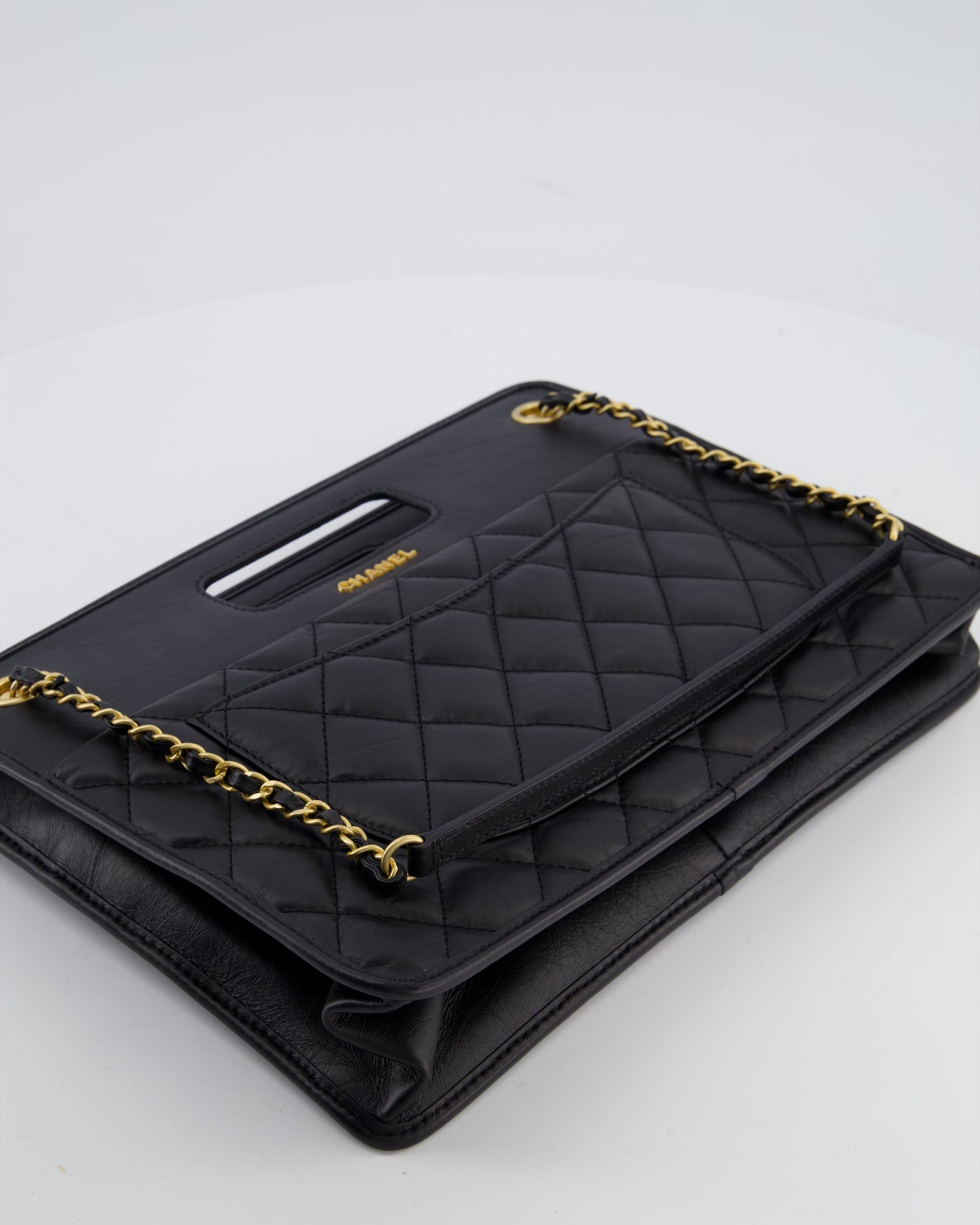 Chanel Black Aged Calfskin Quilted Small Graphic Catch Shopping Bag with Gold Hardware