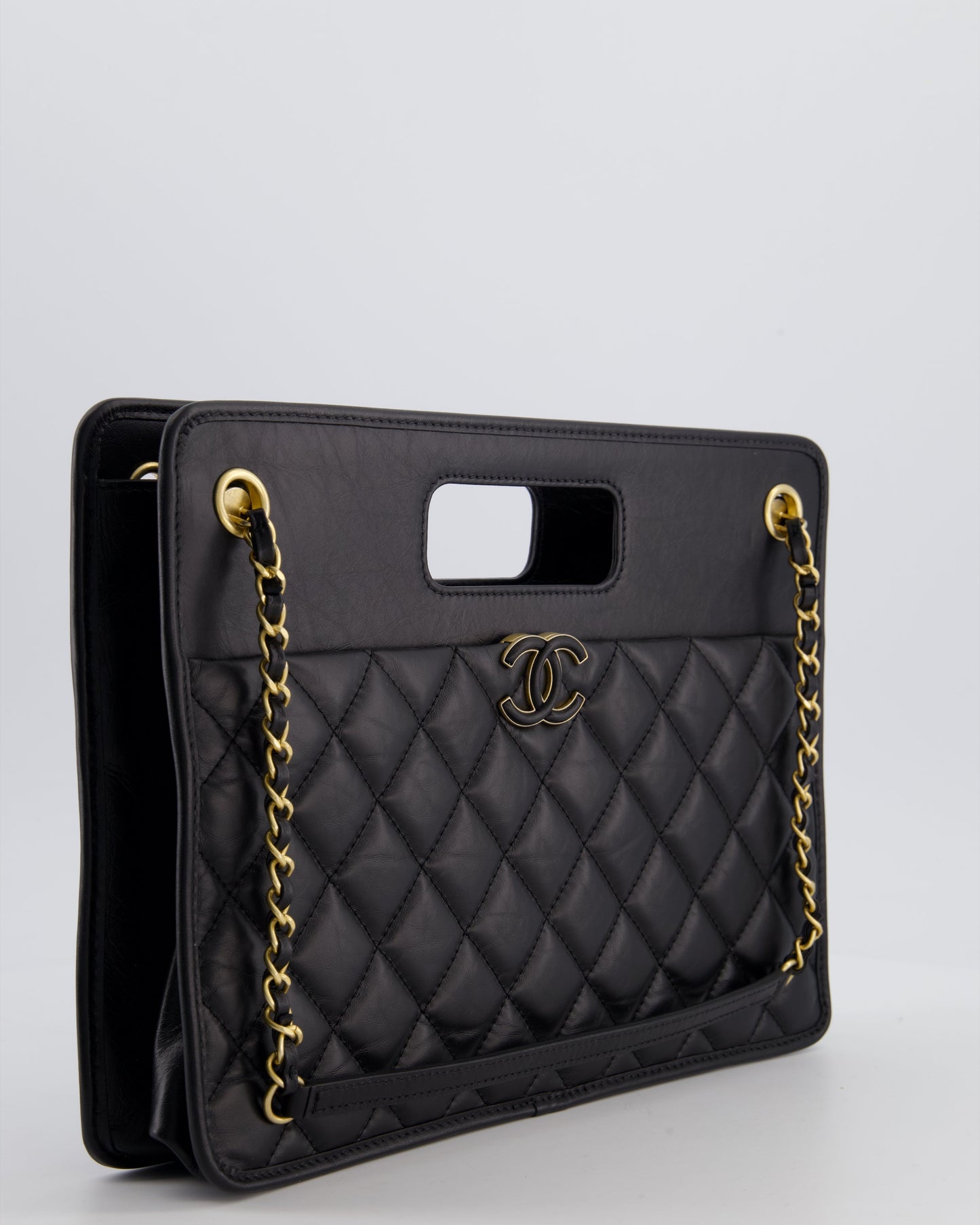 Chanel Black Aged Calfskin Quilted Small Graphic Catch Shopping Bag with Gold Hardware