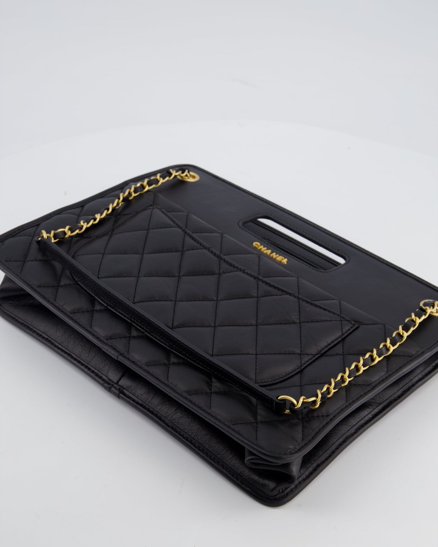 Chanel Black Aged Calfskin Quilted Small Graphic Catch Shopping Bag with Gold Hardware
