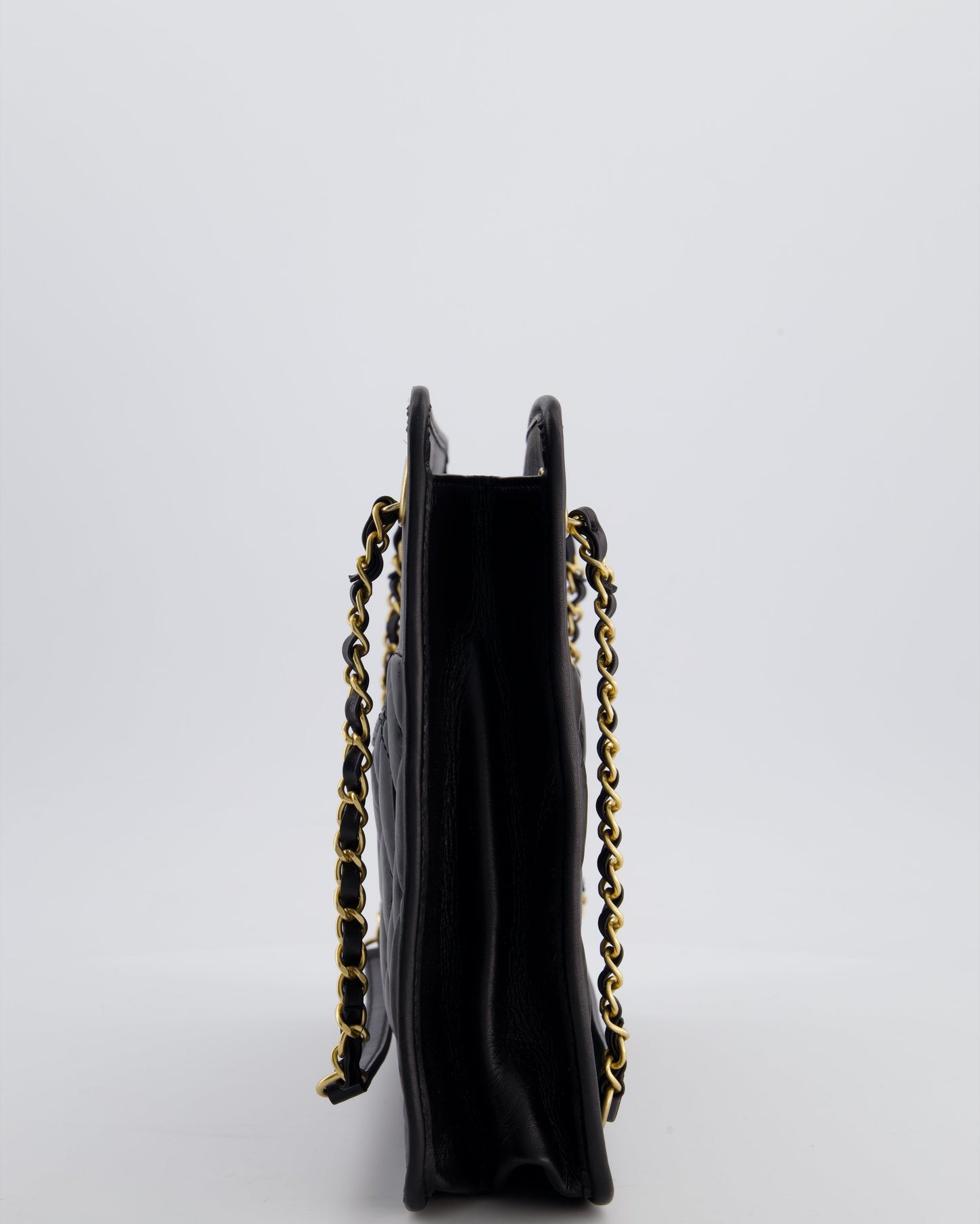 Chanel Black Aged Calfskin Quilted Small Graphic Catch Shopping Bag with Gold Hardware