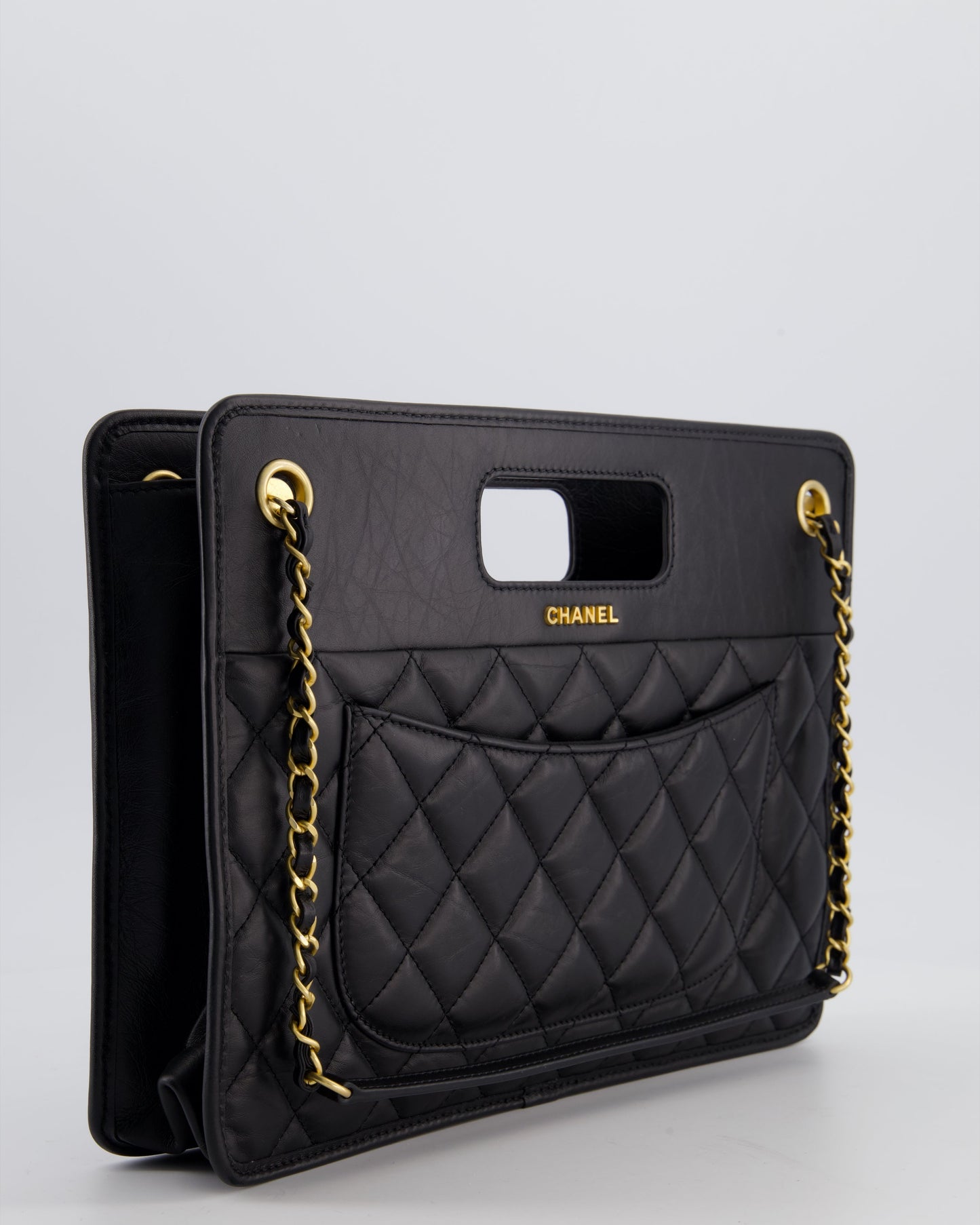 Chanel Black Aged Calfskin Quilted Small Graphic Catch Shopping Bag with Gold Hardware