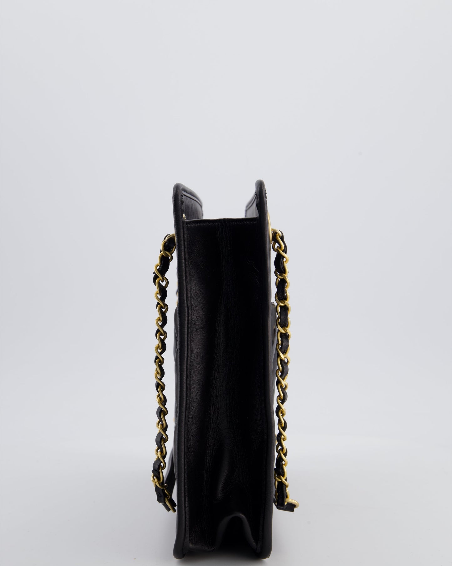 Chanel Black Aged Calfskin Quilted Small Graphic Catch Shopping Bag with Gold Hardware