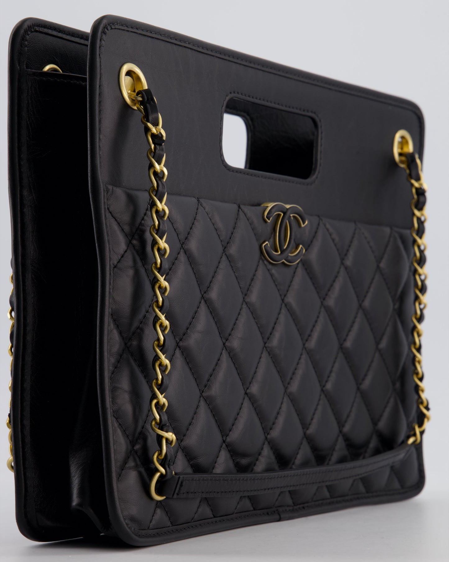Chanel Black Aged Calfskin Quilted Small Graphic Catch Shopping Bag with Gold Hardware