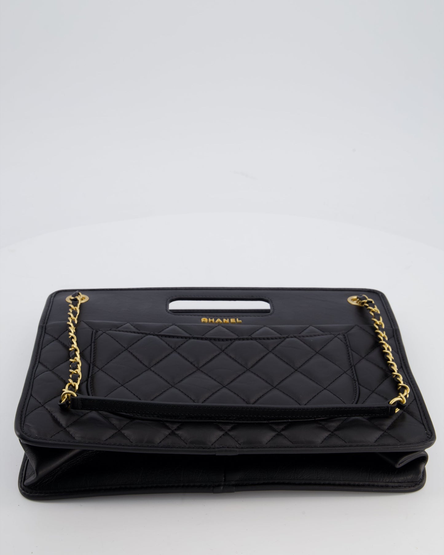 Chanel Black Aged Calfskin Quilted Small Graphic Catch Shopping Bag with Gold Hardware