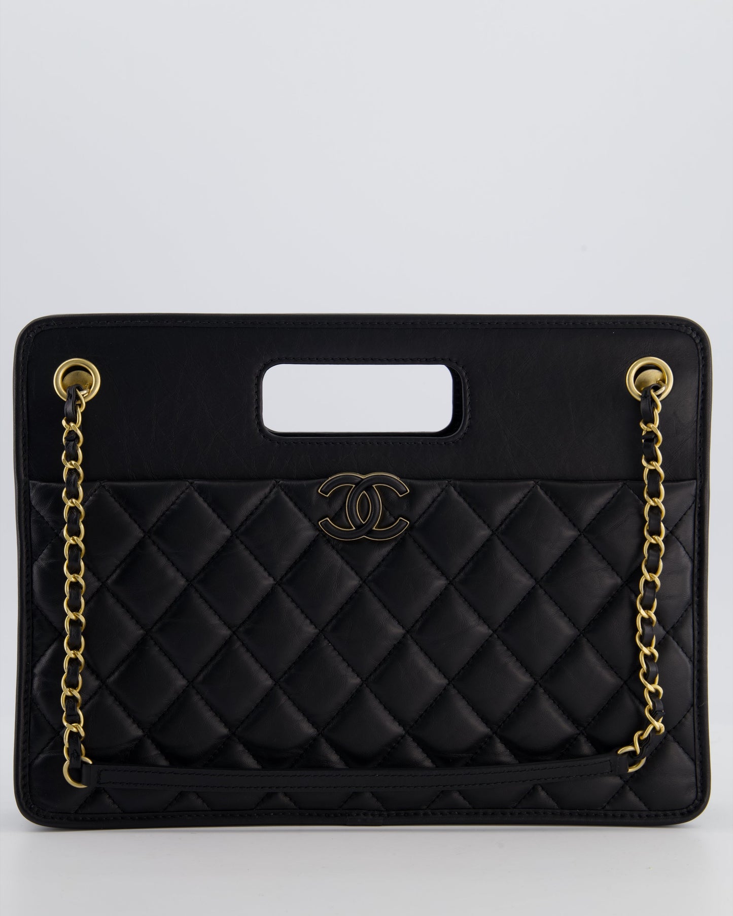 Chanel Black Aged Calfskin Quilted Small Graphic Catch Shopping Bag with Gold Hardware