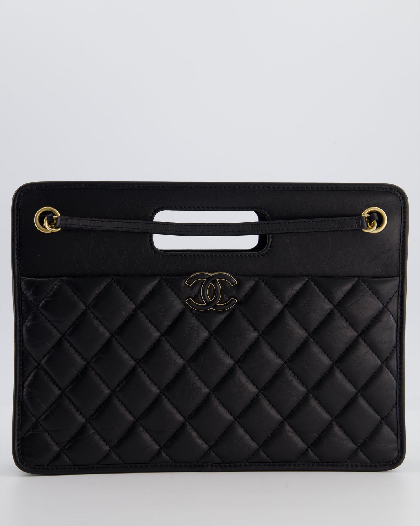 Chanel Black Aged Calfskin Quilted Small Graphic Catch Shopping Bag with Gold Hardware