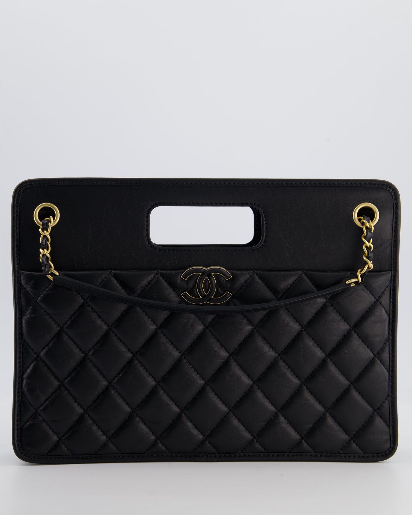 Chanel Black Aged Calfskin Quilted Small Graphic Catch Shopping Bag with Gold Hardware