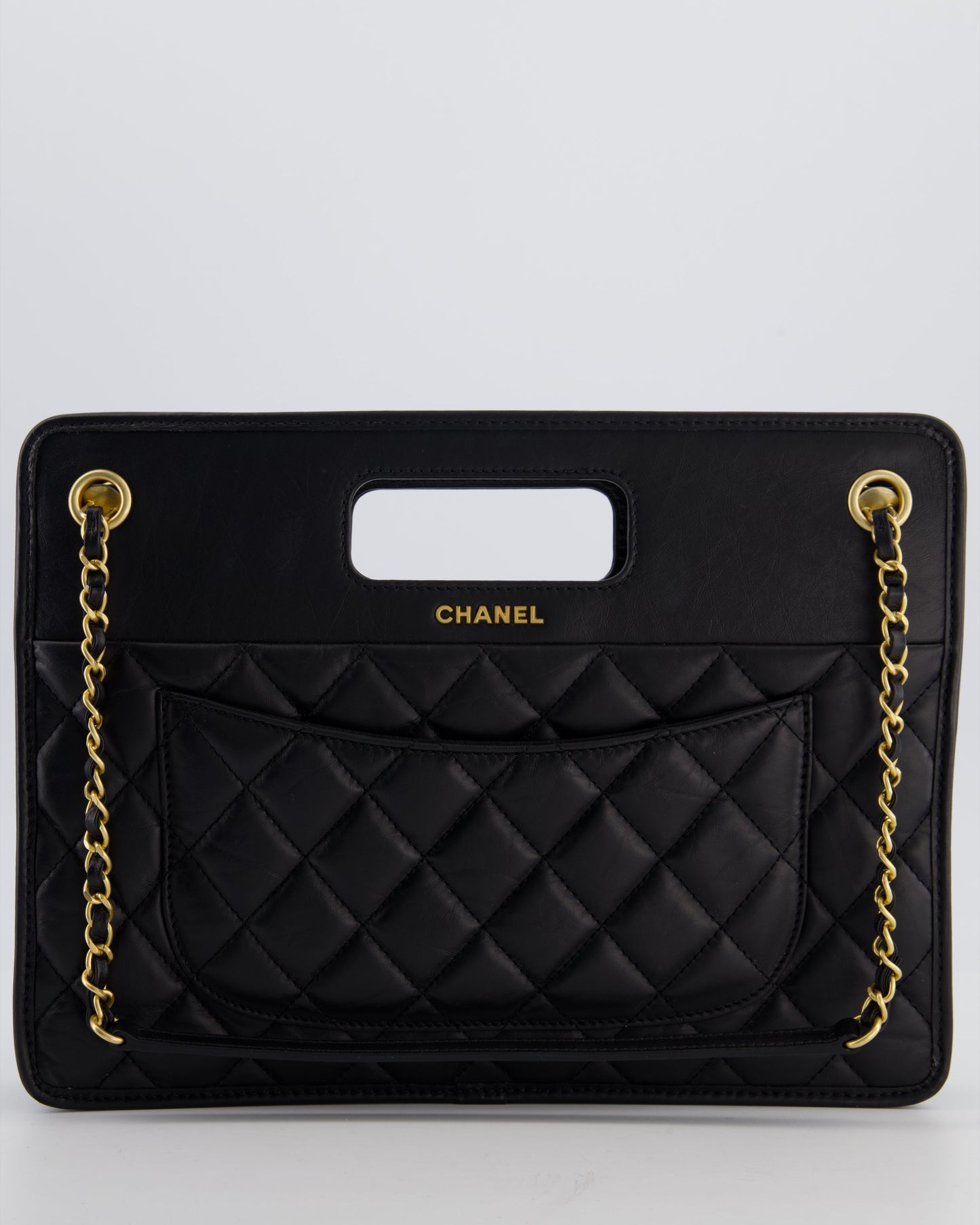 Chanel Black Aged Calfskin Quilted Small Graphic Catch Shopping Bag with Gold Hardware