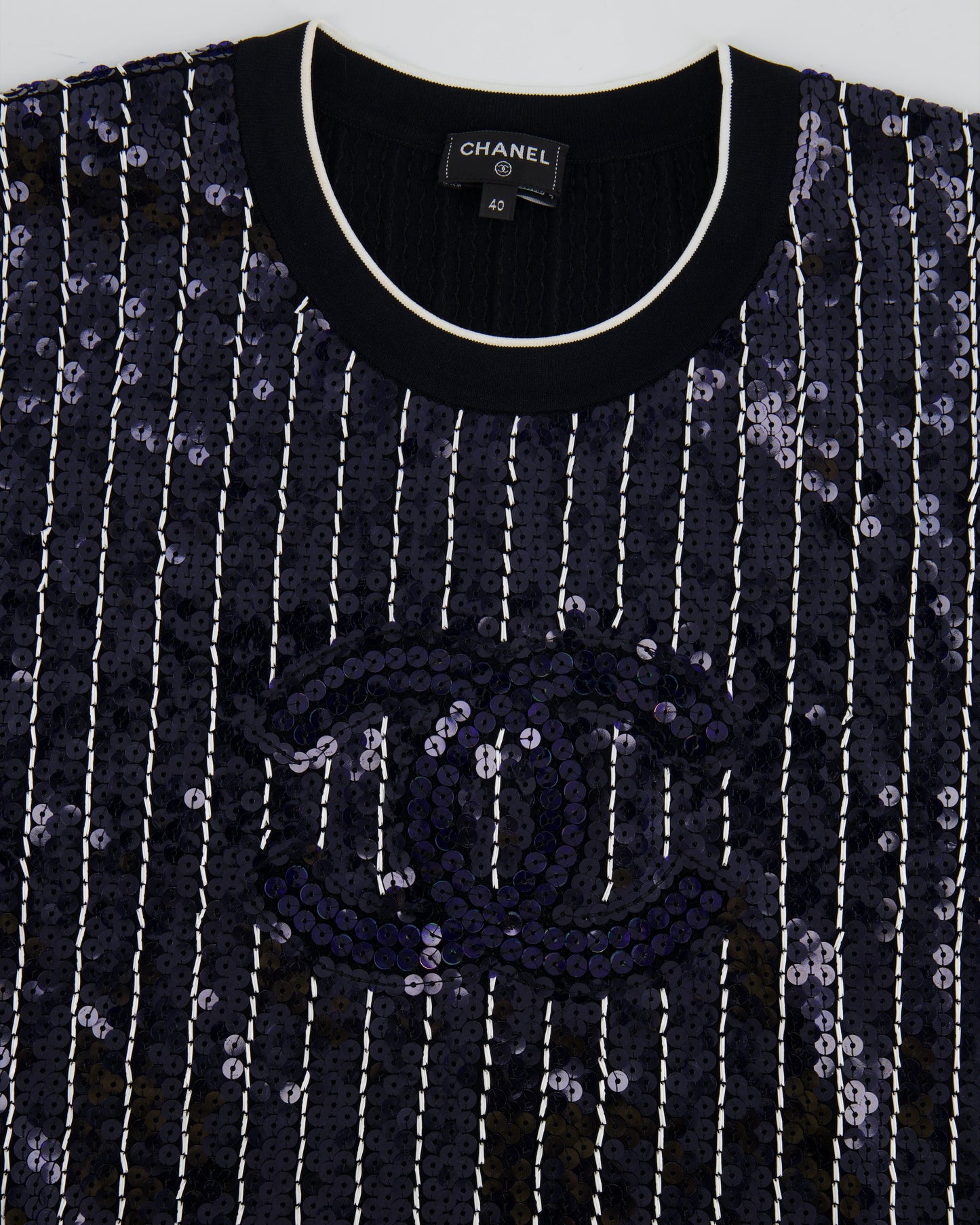 Chanel Spring/Summer 2023 Navy and White Striped Sequins T-Shirt with CC Logo Size FR 40 (UK 12)